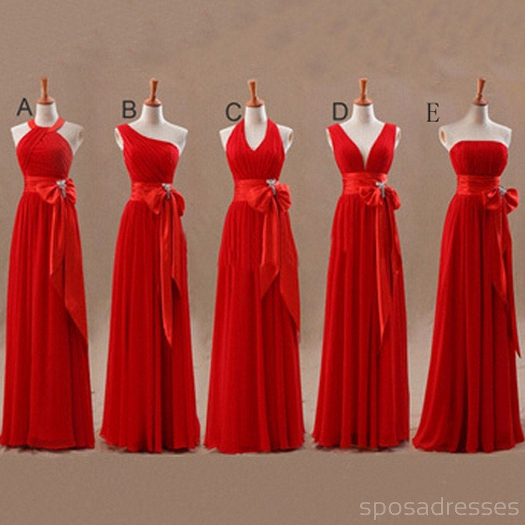 Elegant Mismatched Junior Chiffon Red Long A-Line Bridesmaid Dresses with Bow - WG63 | Perfect for Weddings, Prom, Formal Events & Special Occasions