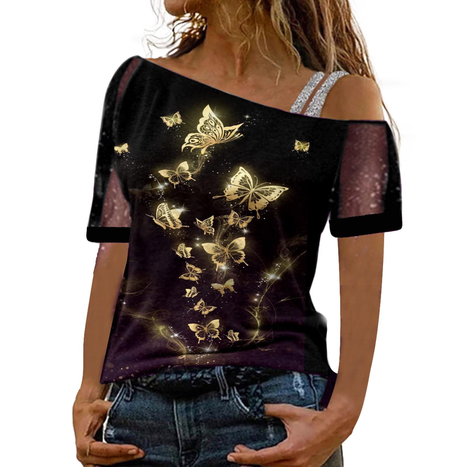 MtsDJSKF Women's Off The Shoulder T-Shirt - Summer Sheer Short Sleeve Blouse, Casual Loose Fit Tunic Top for Beach, Vacation & Everyday Wear