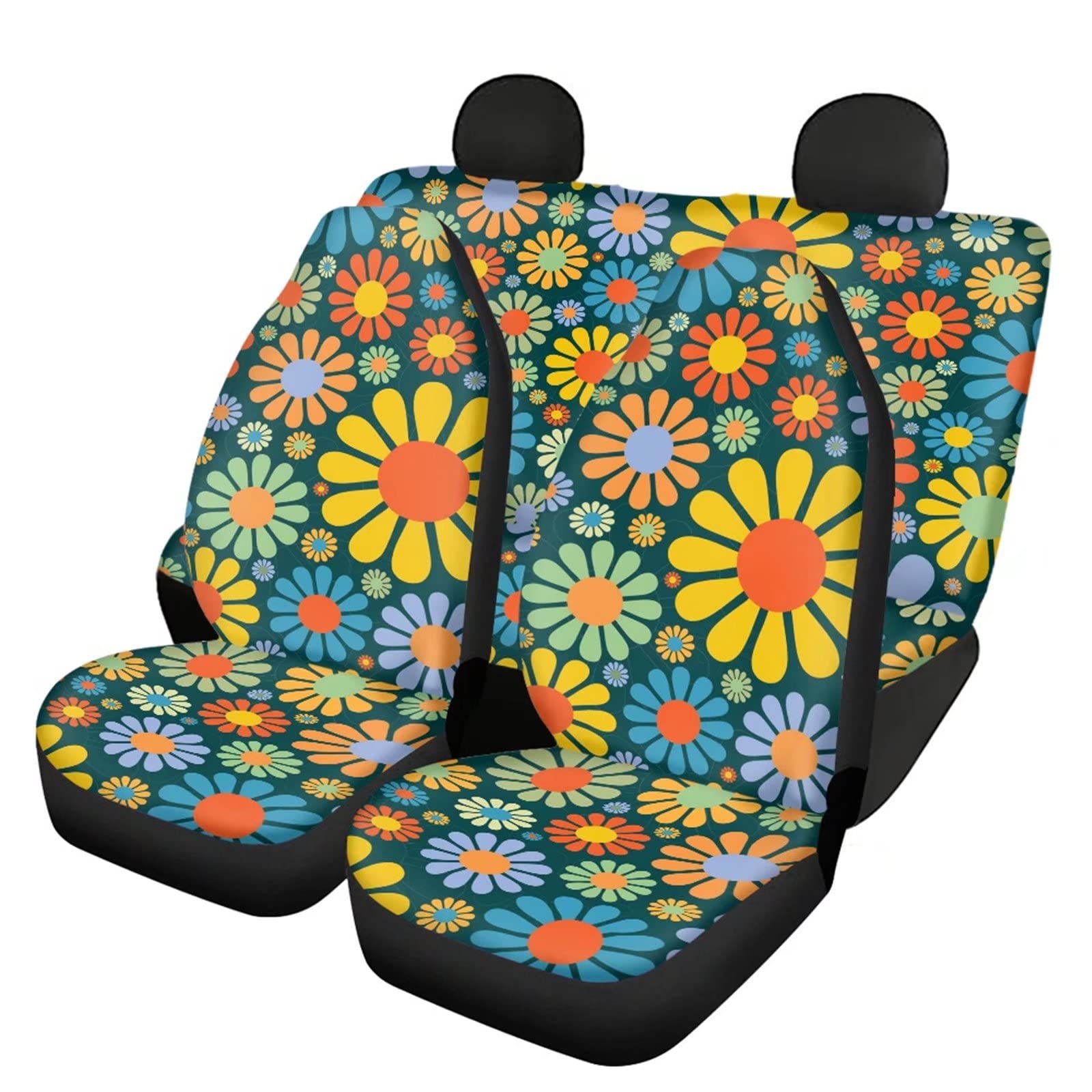 Boho Flower Car Seat Covers - Stretchy Universal Fit for Cars, SUVs, Sedans & Trucks | Hippie Style Front & Rear Split Bench Protector | Perfect for Road Trips, Daily Commutes & Vintage Car Decor