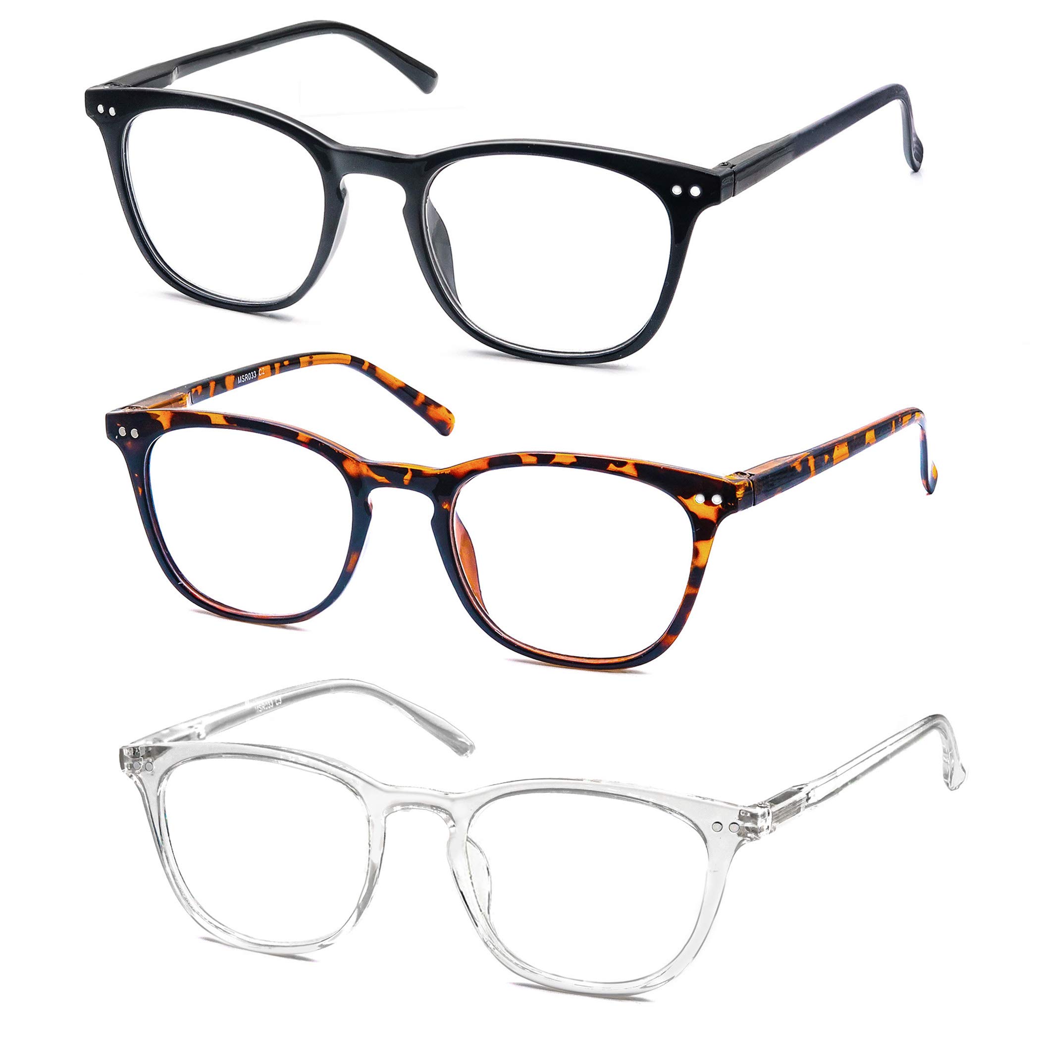 Stylish Reading Glasses for Women & Men - Lightweight 2.0 Magnification Readers - 3-Pack (Black, Tortoise, Clear) - Perfect for Reading Books, Using Phones & Working on Computers