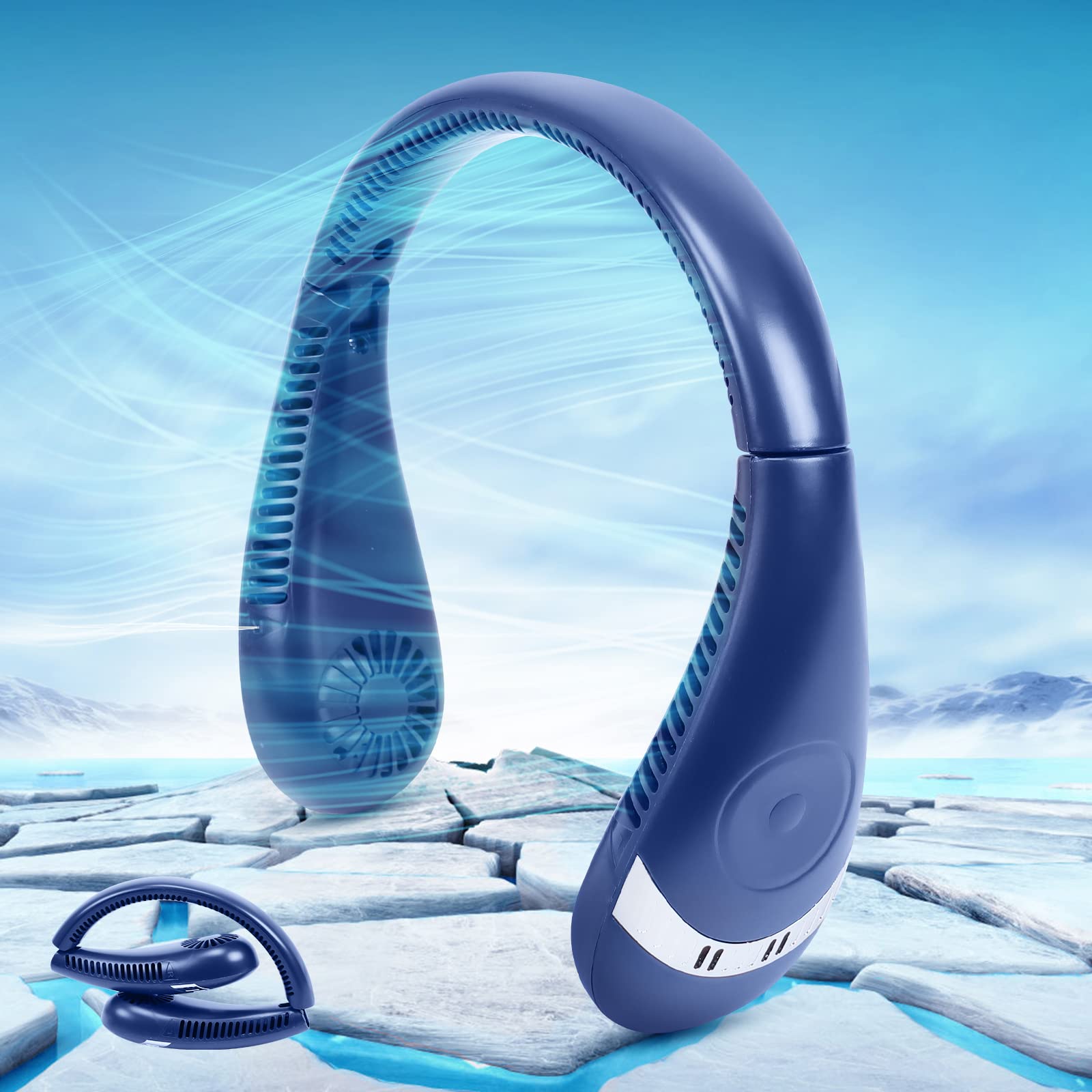 Portable Neck Fan with 5000mAh Battery - Hands-Free Bladeless Personal Cooling Fan, 3 Speed Adjustable & 360° Airflow, USB Rechargeable for Outdoor, Travel, Sports, Office, Gym, and Home Use (Blue)