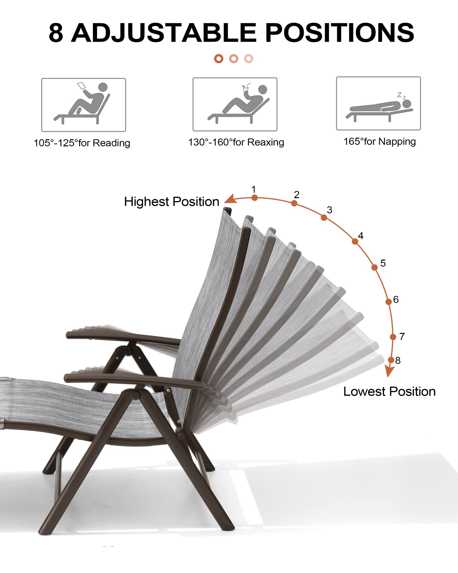 **Crestlive Folding Patio Chaise Lounge Chair - Adjustable Outdoor Pool Recliner with 8 Positions, No Assembly Required - Perfect for Backyard, Poolside, Beach & Patio Relaxation**