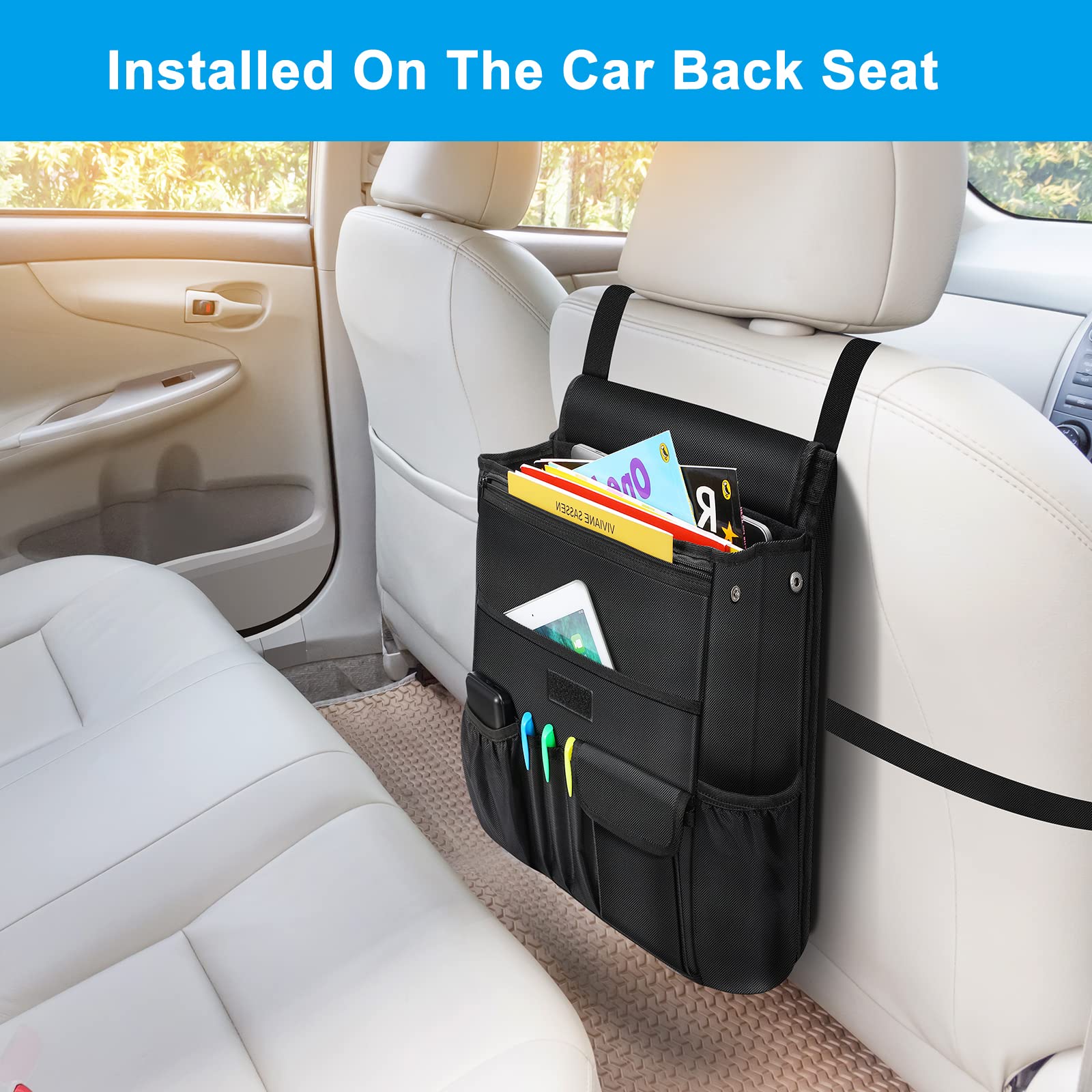 Premium Car Front Seat Organizer - Multi-Pocket Storage with Laptop/Tablet Pockets, Adjustable Straps & Cup Holders - Durable Black Organizer for Road Trips, Commuting & Family Travel