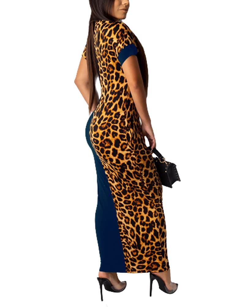 Women's Leopard Print Long Bodycon Dress - Sexy Short Sleeve Midi Club Dress with Pockets for Party, Night Out & Date Night