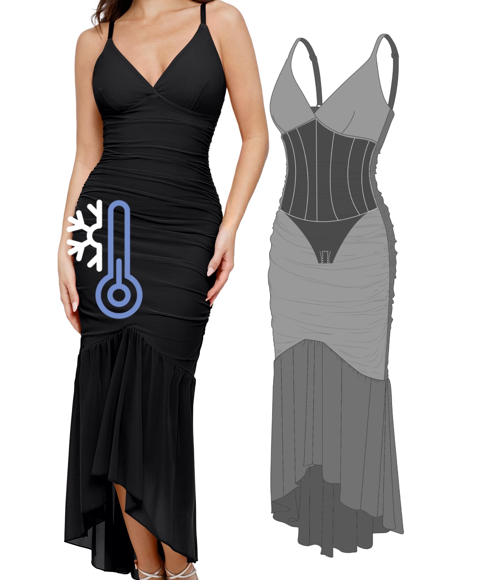 Popilush Cooling Ruched Corset Dress with Built-in Shapewear - Deep V Sheer Mesh Maxi Mermaid Dress for Women (Black) | Summer Evening Wear, Date Night Outfit, Formal Occasion Dress
