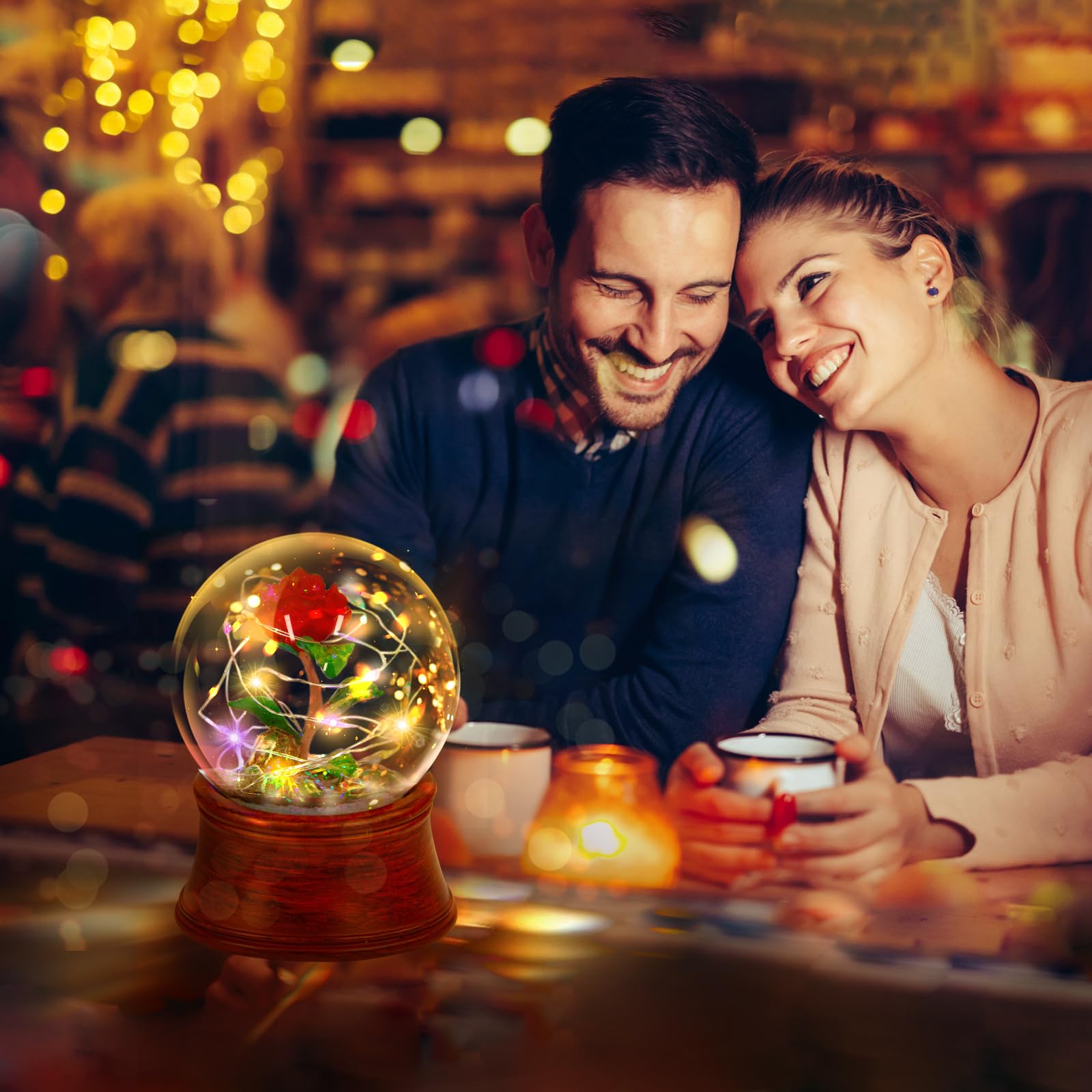 LED Light Up Rose Snow Globe Music Box with Preserved Red Flower - Romantic Water Globe Gift for Women, Girls (Mother's Day, Anniversary, Christmas) - Perfect for Bedroom Decor, Wedding Centerpiece & Valentine's Day Surprise