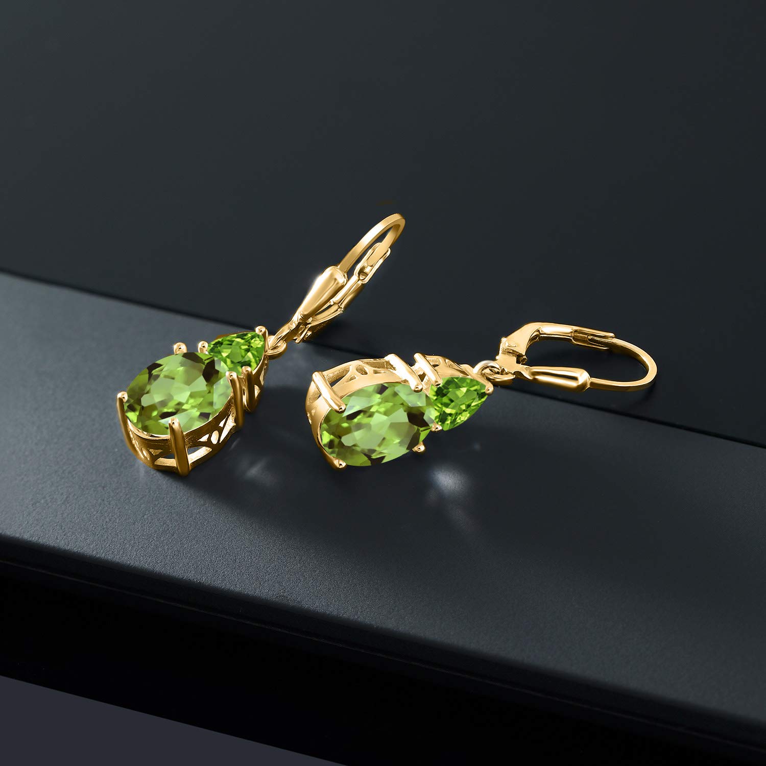 18K Yellow Gold Plated Silver Green Peridot Dangle Earrings for Women - 6.56 Cttw, August Birthstone, Oval 10x8mm & Trillion 5mm - Perfect for Birthdays, Anniversaries and Special Occasions