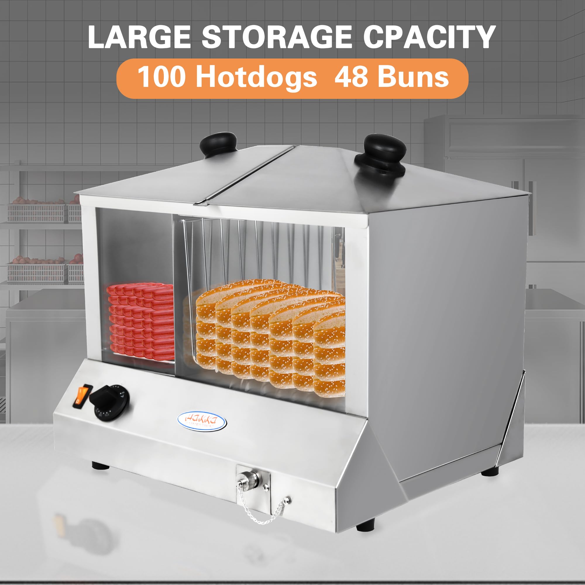 Commercial Electric Hot Dog Steamer & Bun Warmer - 1300W, Holds 100 Hot Dogs & 48 Buns, Steam Heating with Slide Doors & Tempered Glass - Perfect for Restaurants, Food Trucks, and Stadium Concessions