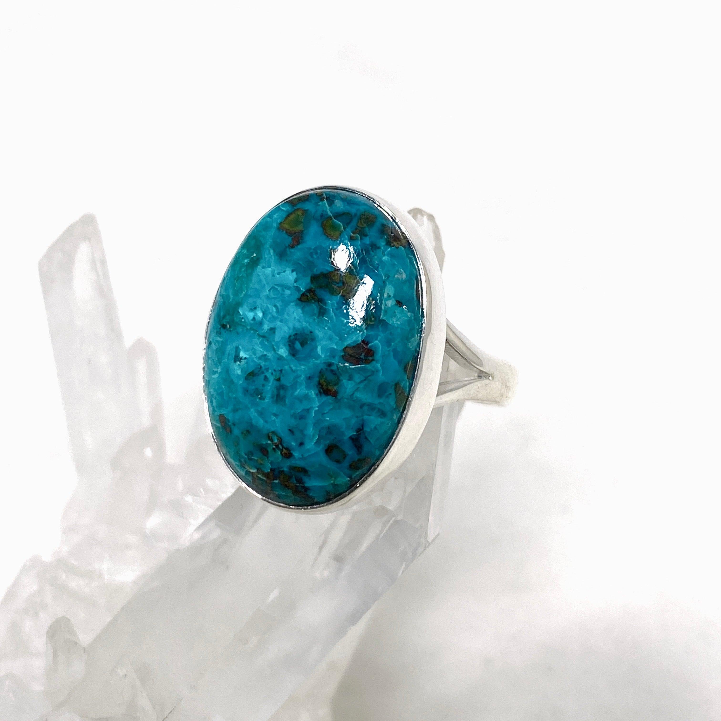 Chrysocolla Shattuckite Dioptase Oval Split Band Ring Size 9 - Natural Gemstone Jewelry for Women, Healing Crystal Ring for Meditation & Energy Work KRGJ3230