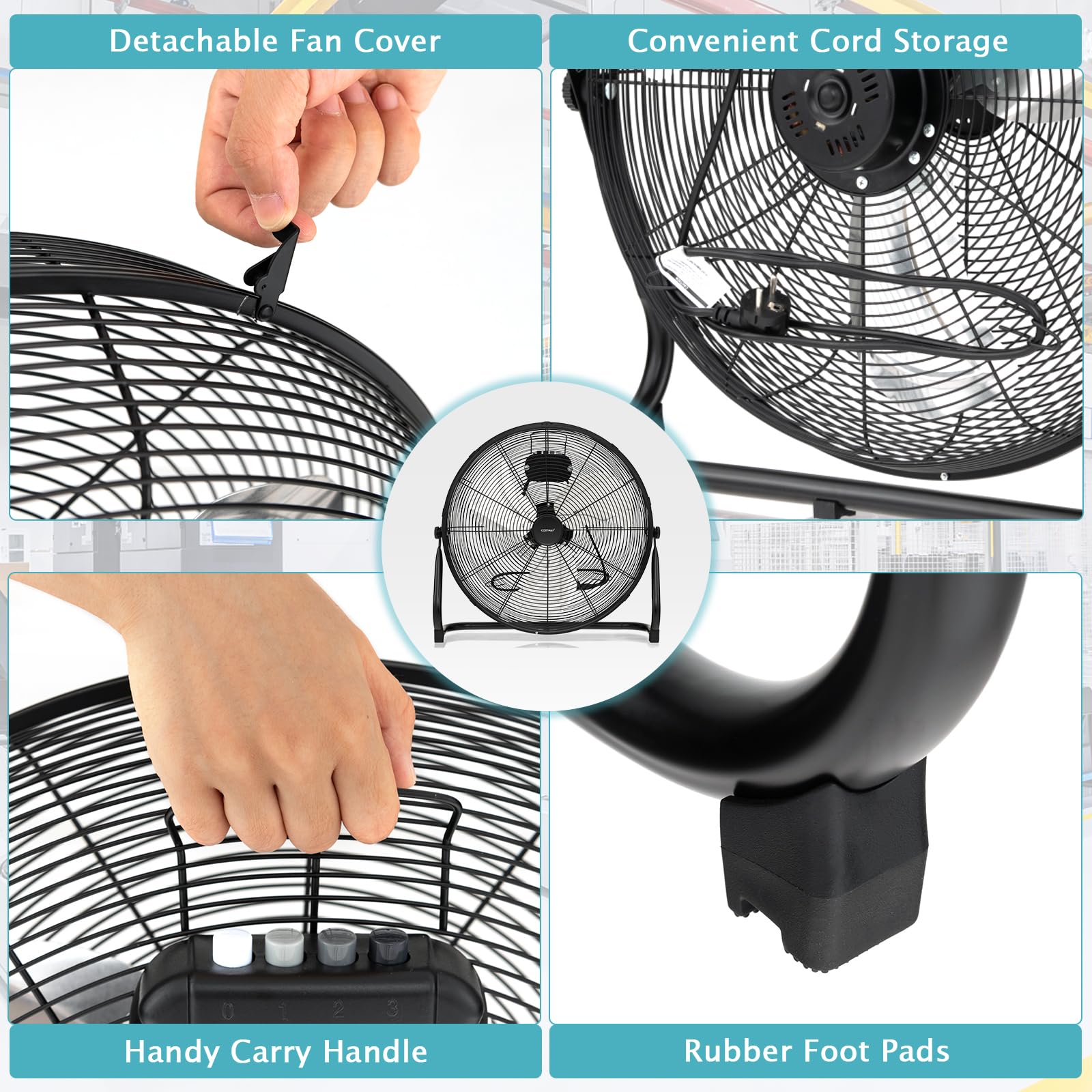 COSTWAY 20-inch High Velocity Industrial Floor Fan - 3-Speed Adjustable Heavy Duty Metal Fan with 145° Tilt for Home, Garage, Warehouse & Workshop | Indoor & Outdoor Cooling Solution for Hot Days