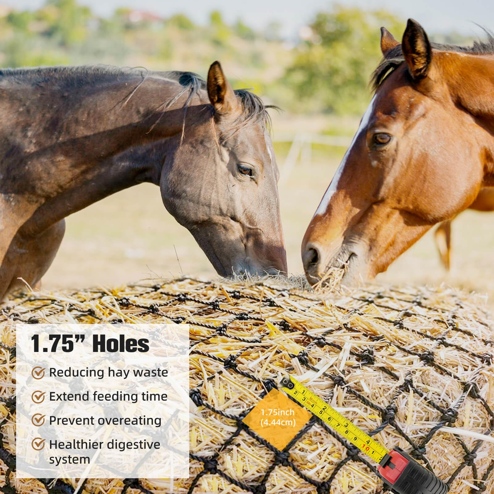 **Thick & Durable 5x5ft Round Bale Hay Net for Horses & Goats - 1.75 Inch Hole Black Nylon Slow Feed Net - Healthy Grazing Solution for Pasture, Stable & Travel Use**