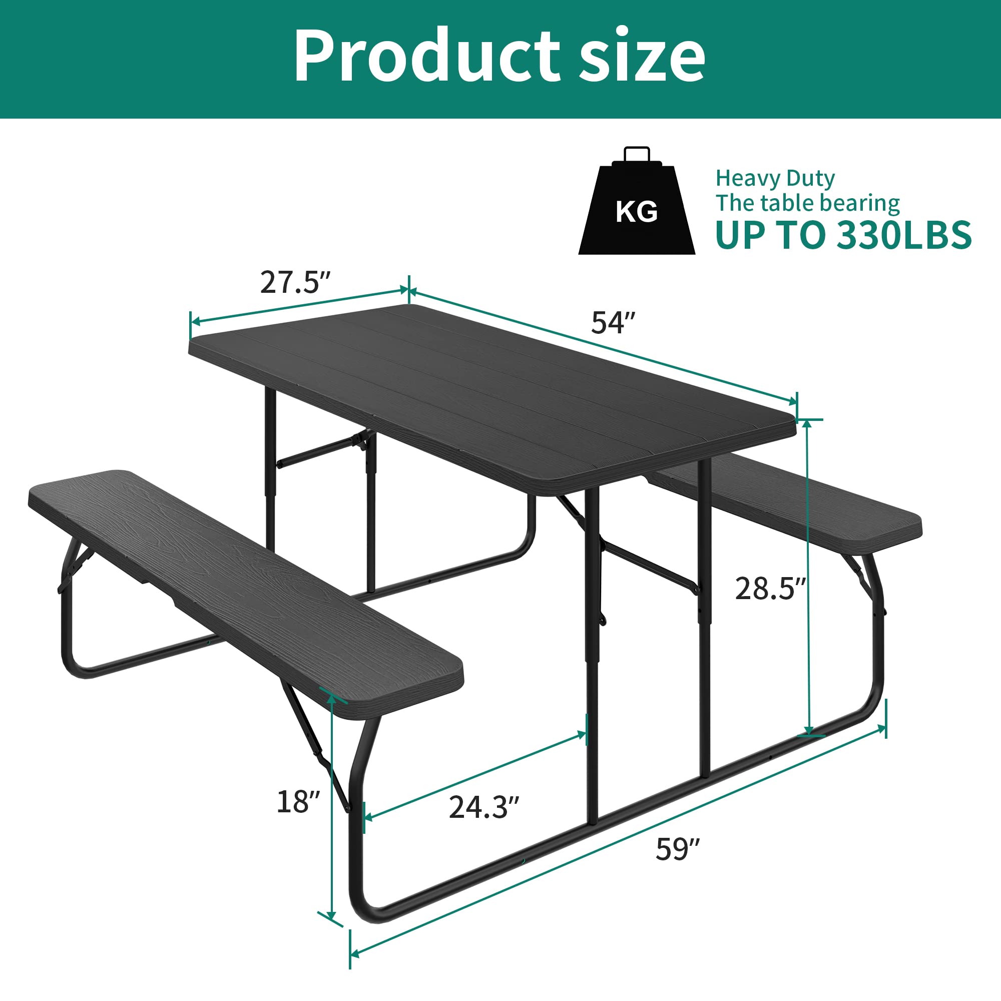 YITAHOME Folding Picnic Table with Benches - Easy Assembly Steel Frame & Wood-Like Tabletop, All-Weather Outdoor Dining Set for Yard, Patio, Lawn, Camping, BBQ Party - Black