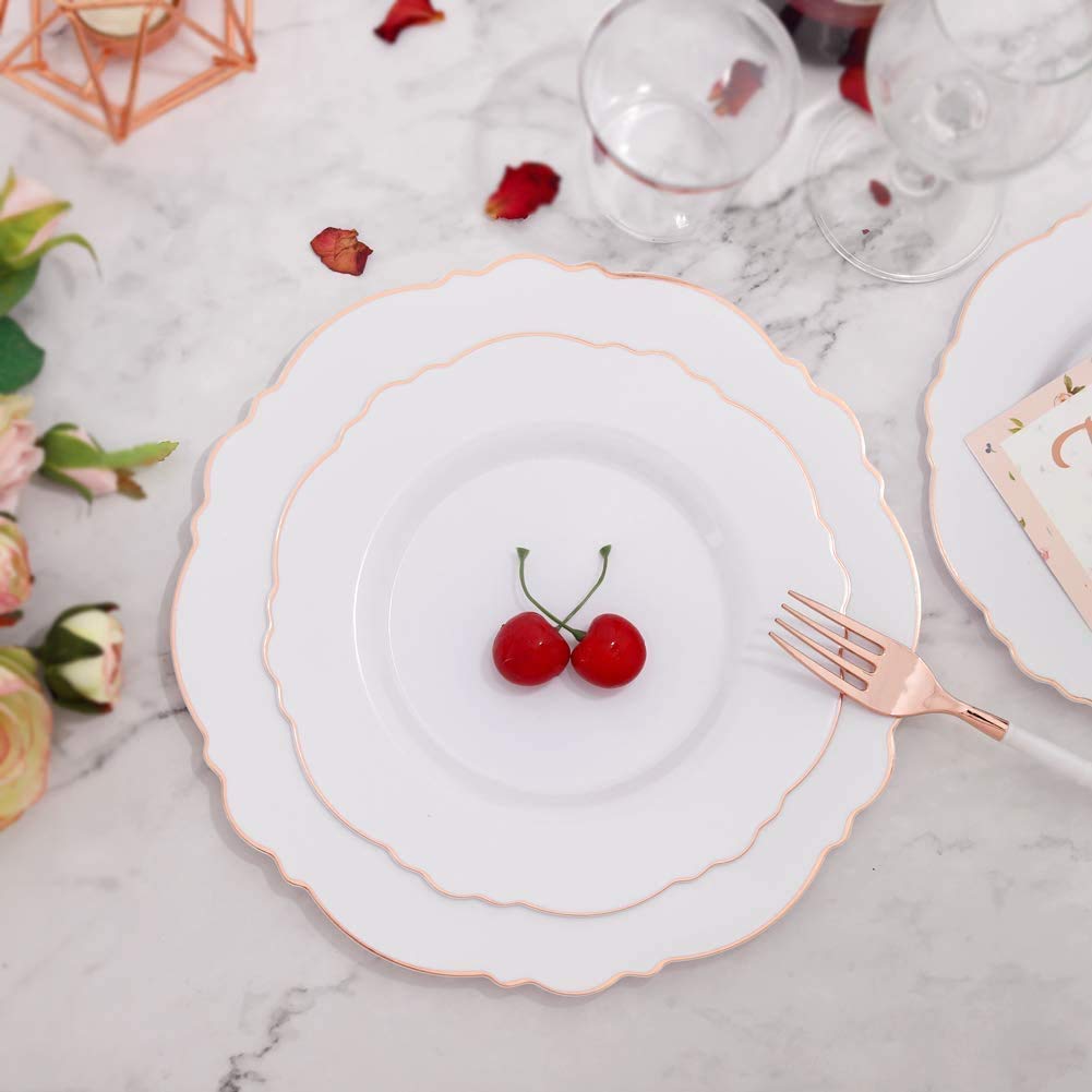 100-Pack Rose Gold Plastic Plates - Elegant Baroque White & Rose Gold Disposable Dinnerware Set (50x 10.25