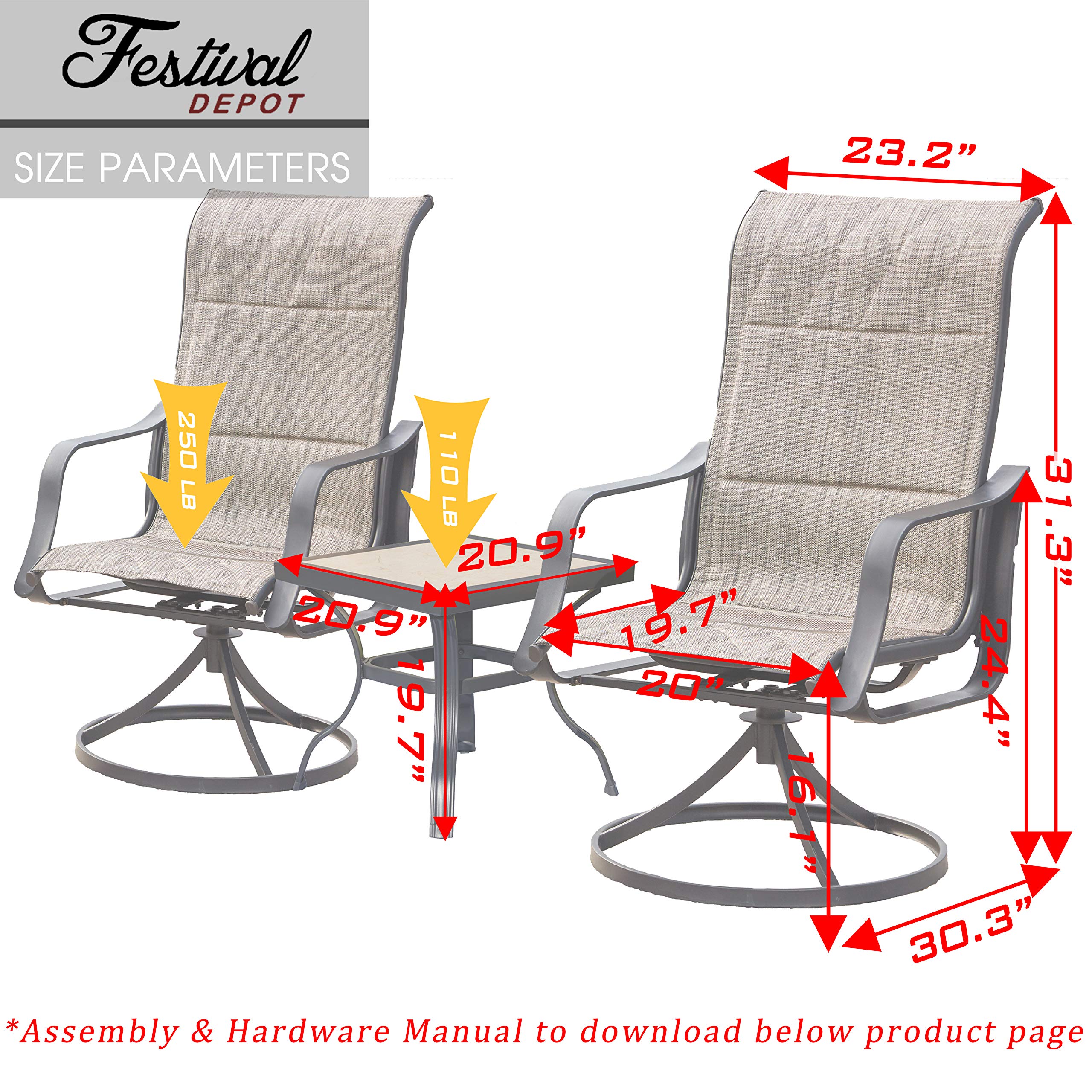 360° Swivel Outdoor Patio Dining Set - 3-Piece Bistro Chairs with Armrests & Square Metal Coffee Table - Steel Frame Rocking Furniture for Deck, Garden, Poolside - Perfect for Relaxing, Entertaining & Outdoor Gatherings (Gray)