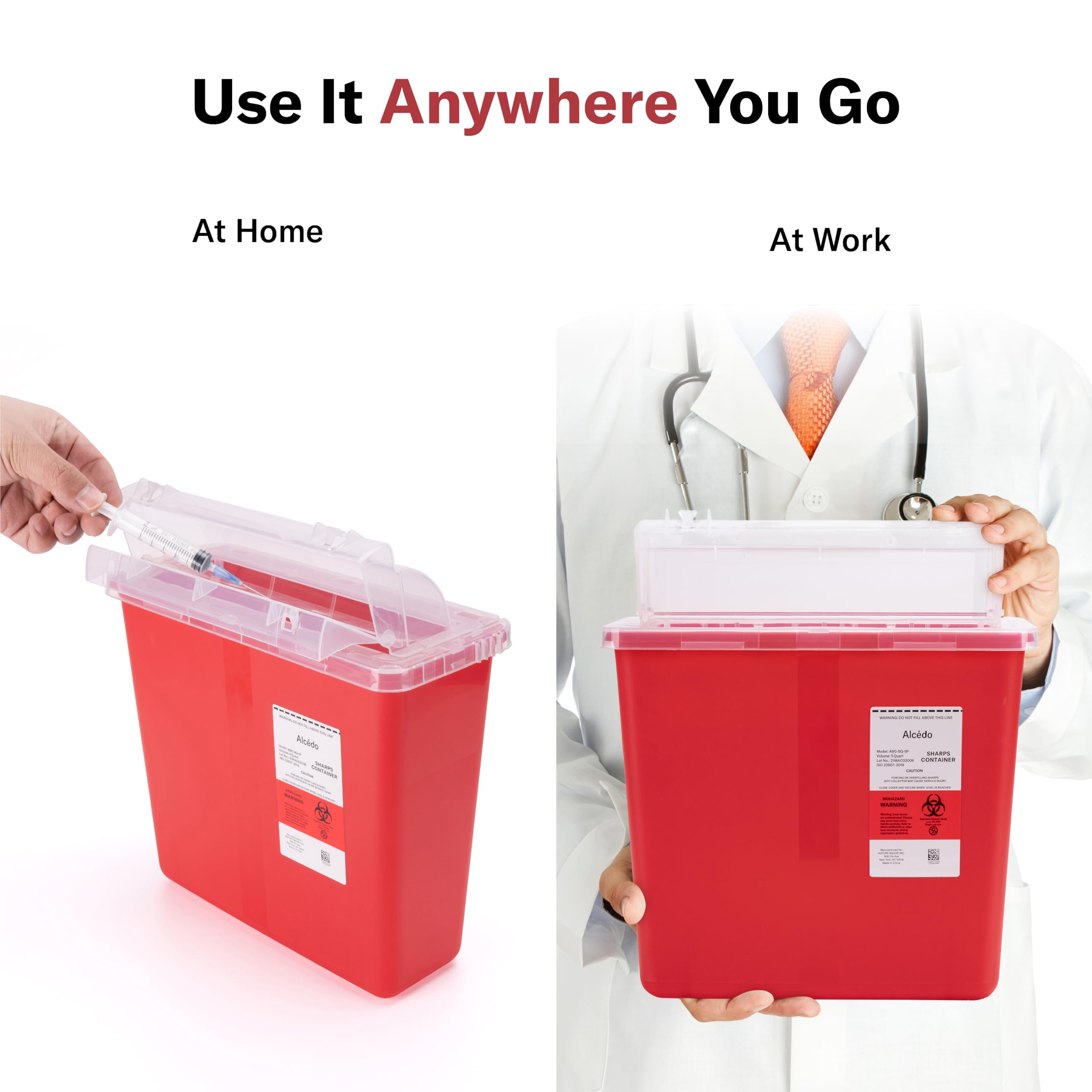 Alcedo 5 Quart Biohazard Sharps Container - Medical Grade Needle & Syringe Disposal with Secure Mailbox Lid for Home & Clinical Use | Safe for Diabetic, Tattoo & Veterinary Waste Disposal
