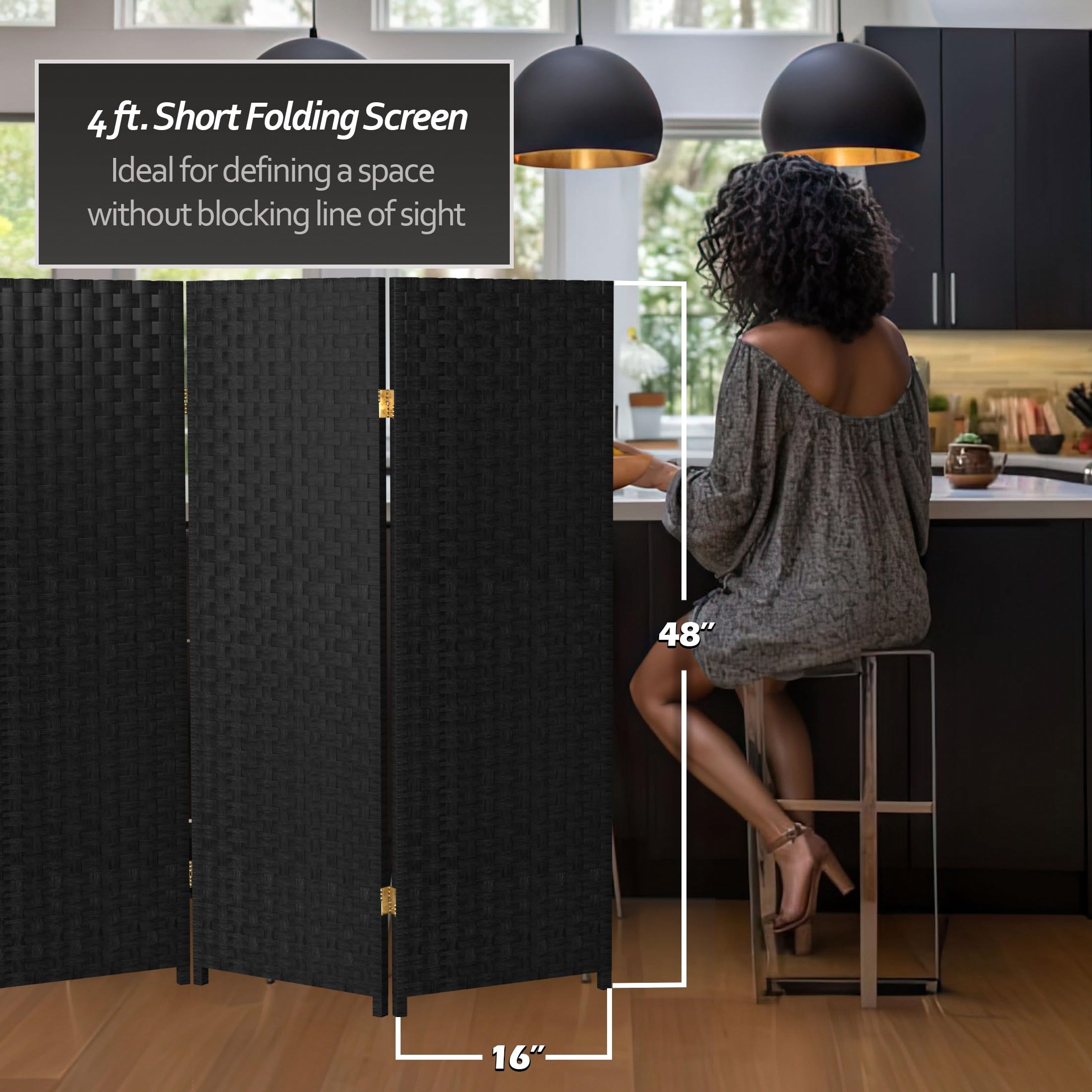 4 ft. Short Woven Fiber Folding Room Divider - Black 6-Panel Privacy Screen for Home, Office, or Outdoor Use - Space Separator for Living Room, Bedroom, Patio, and Events