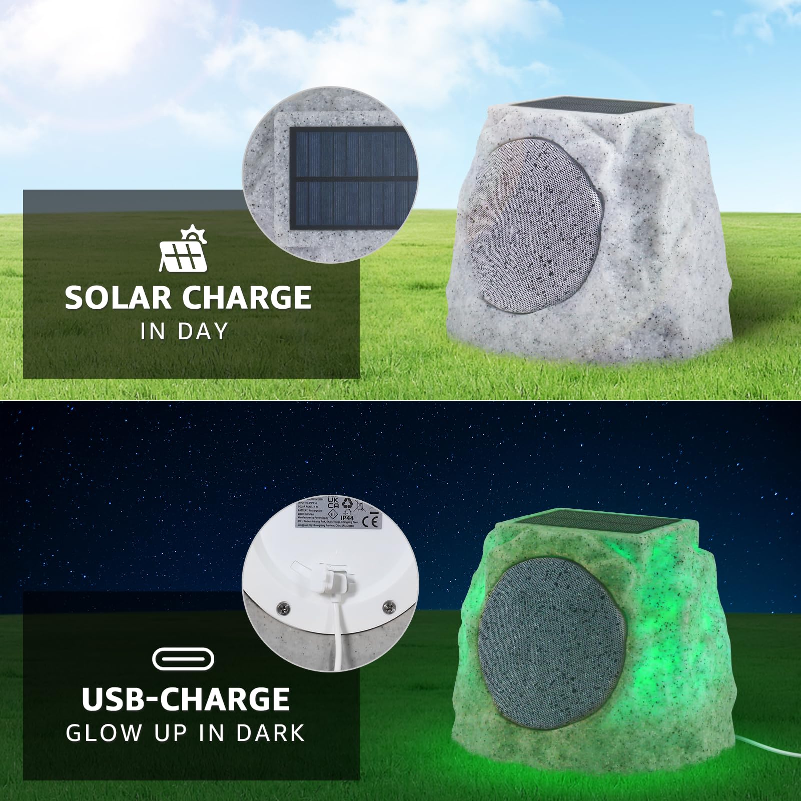 Outdoor Rock Speakers 2 Pack - Solar Powered, Waterproof, Wireless Bluetooth Portable Speakers with RGB Lights for Patio, Pool, Deck, Yard & Garden - Perfect for Outdoor Parties, BBQs & Backyard Entertainment