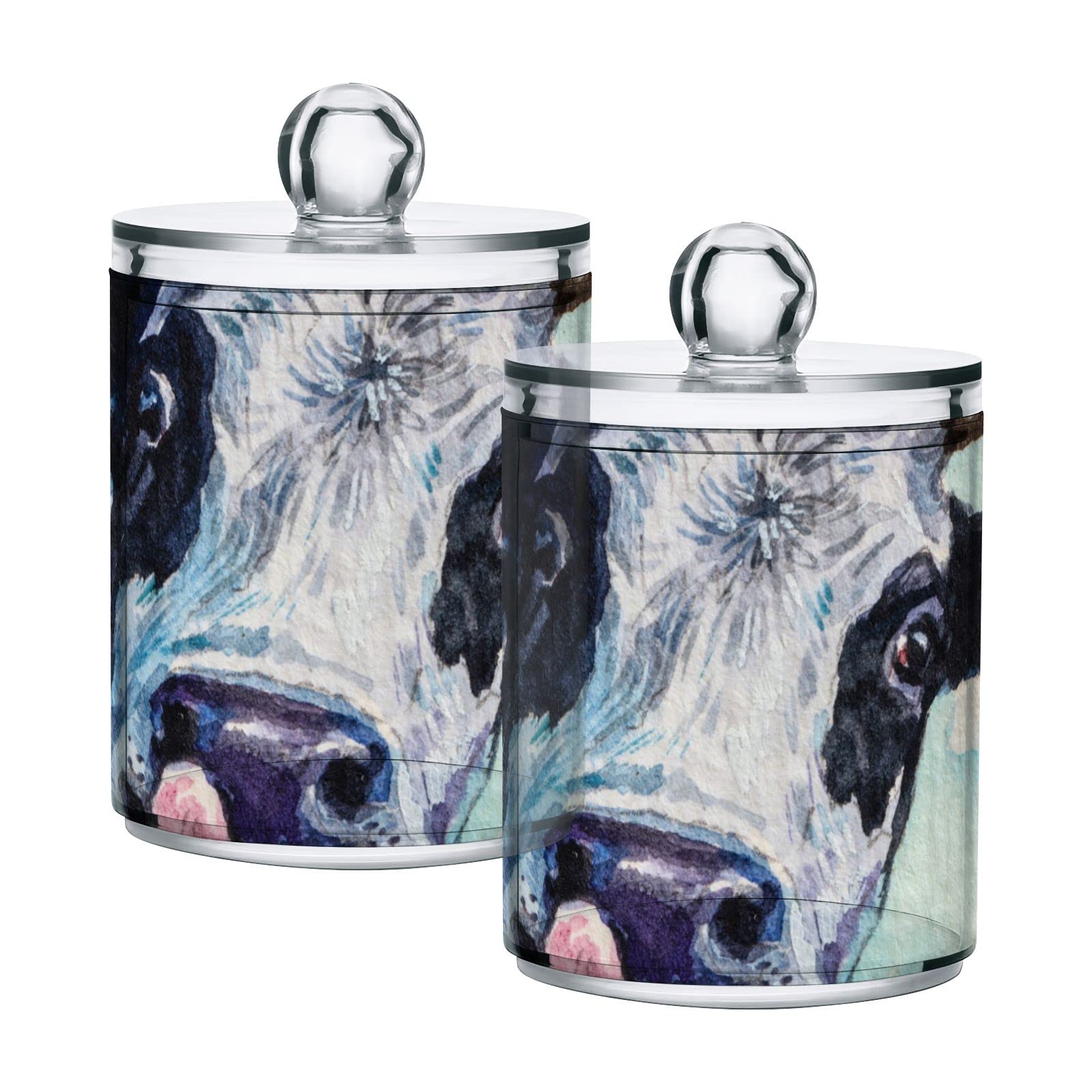 Set of 4 Turquoise Plastic Storage Jars with Lids - 10oz Translucent Food Containers with Black & White Cow Face Design, Perfect for Cotton Swabs, Tea, Cookies & Dry Food Storage | Kitchen, Bathroom & Pantry Organization