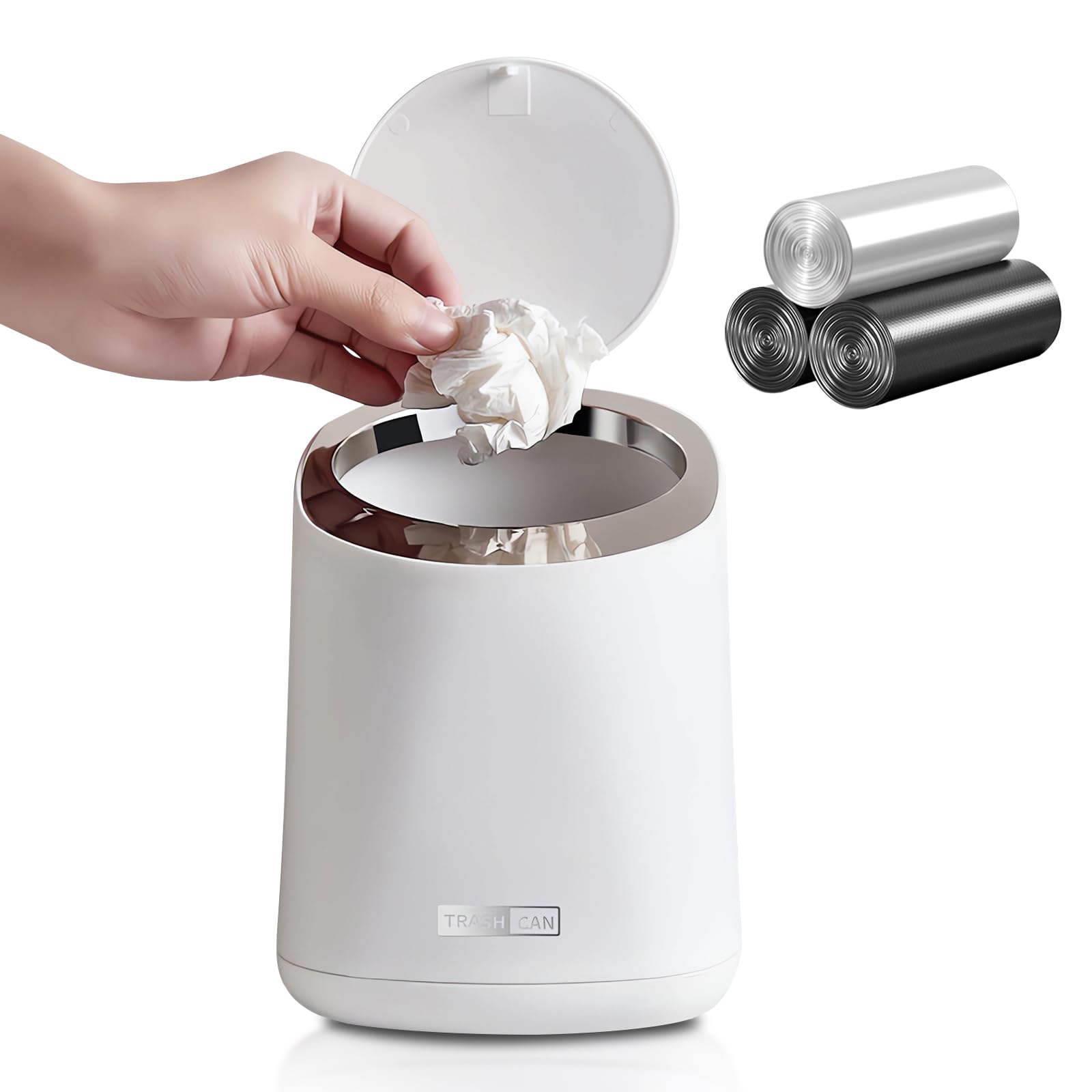 Mini Desktop Trash Can with 90 Trash Bags - Press-Type Lid Countertop Waste Bin, Small Plastic Garbage Can for Bathroom, Bedroom, Living Room & Dressing Table (White) - Perfect for Home, Office & Vanity Organization
