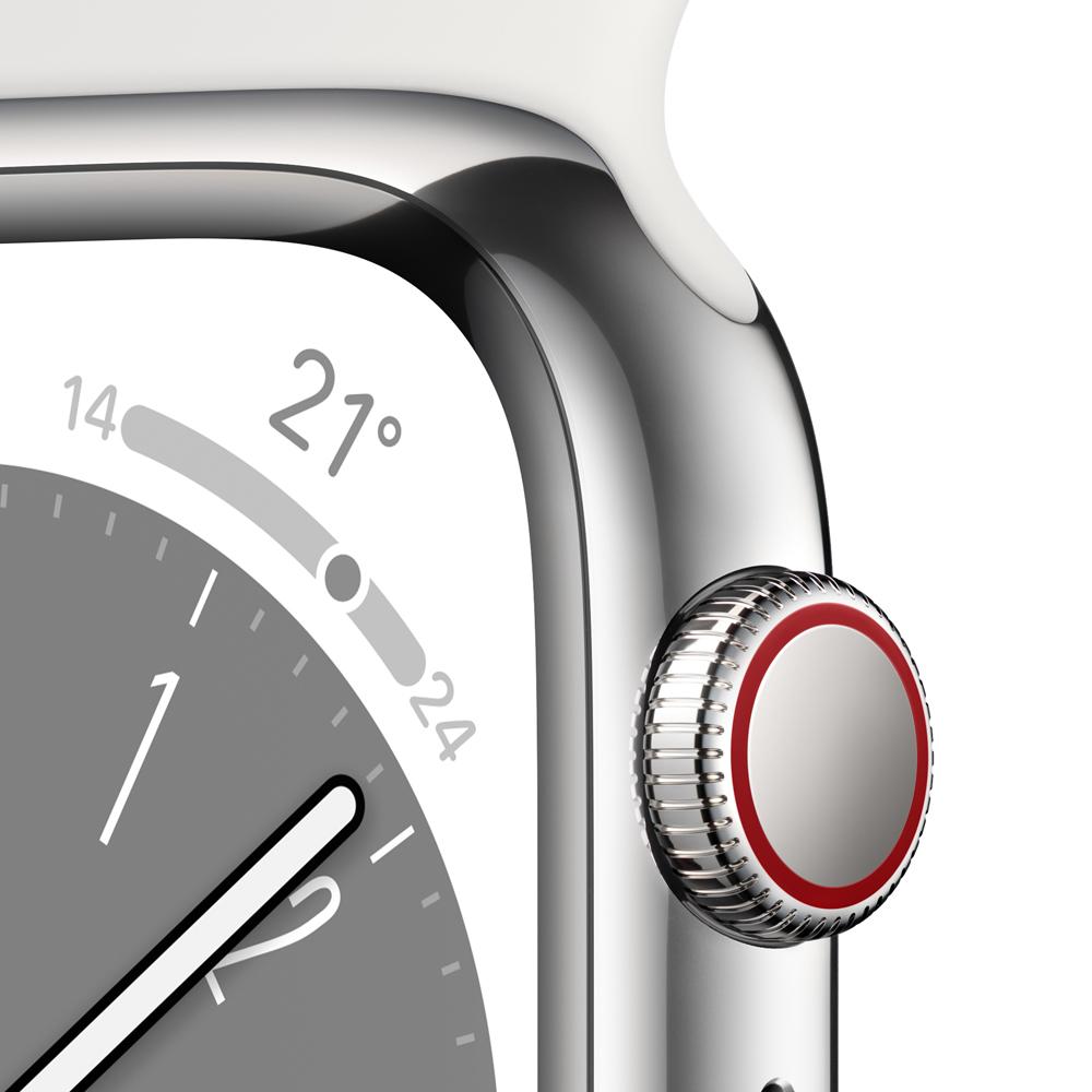 Apple Watch Series 8 (GPS + Cellular) 41mm Silver Stainless Steel Case with White Sport Band - Perfect for Fitness Tracking, Phone Calls & Smart Notifications