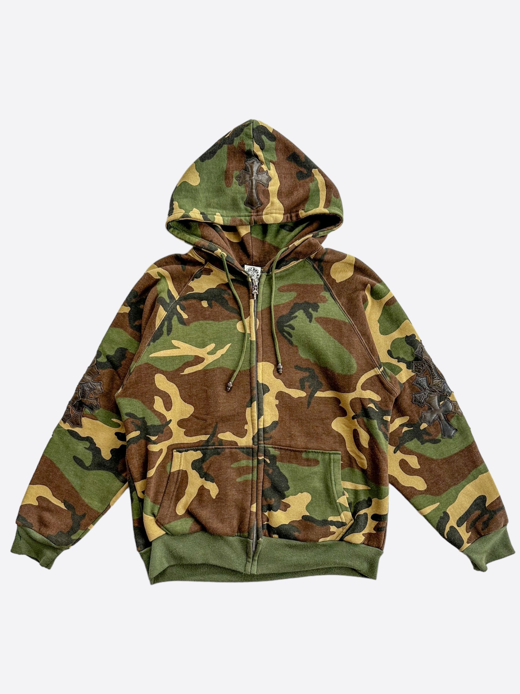 Chrome Hearts Green Camouflage Cross Patch Hoodie with Horseshoe Logo - Stylish Zip Up Sweatshirt for Streetwear & Urban Fashion