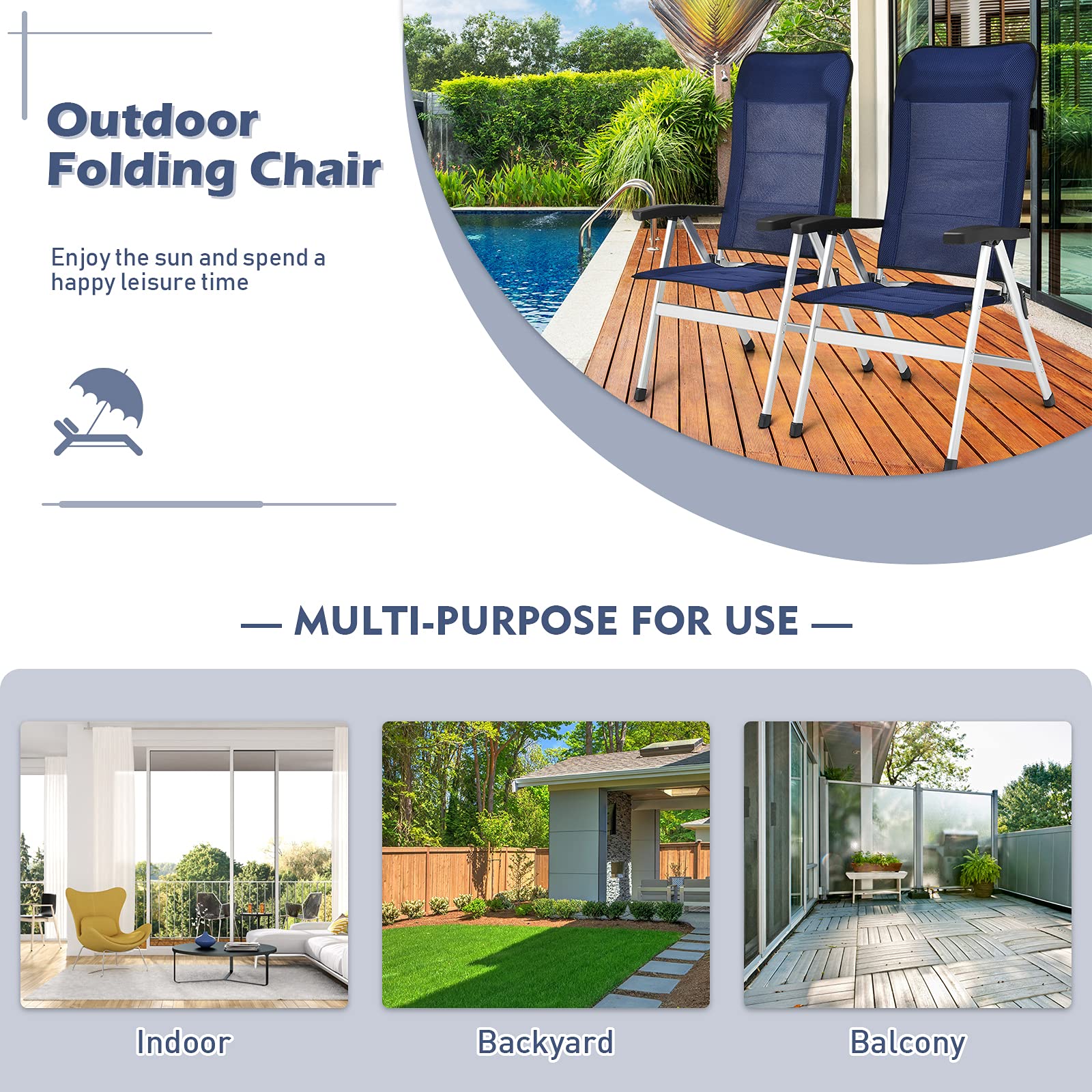 Giantex Set of 2 Folding Outdoor Patio Chairs - Adjustable High Back Recliner with Headrest & Armrests, 7-Level Camping Lawn Chairs for Porch, Balcony, Backyard & Beach - Durable & Comfortable Blue Furniture