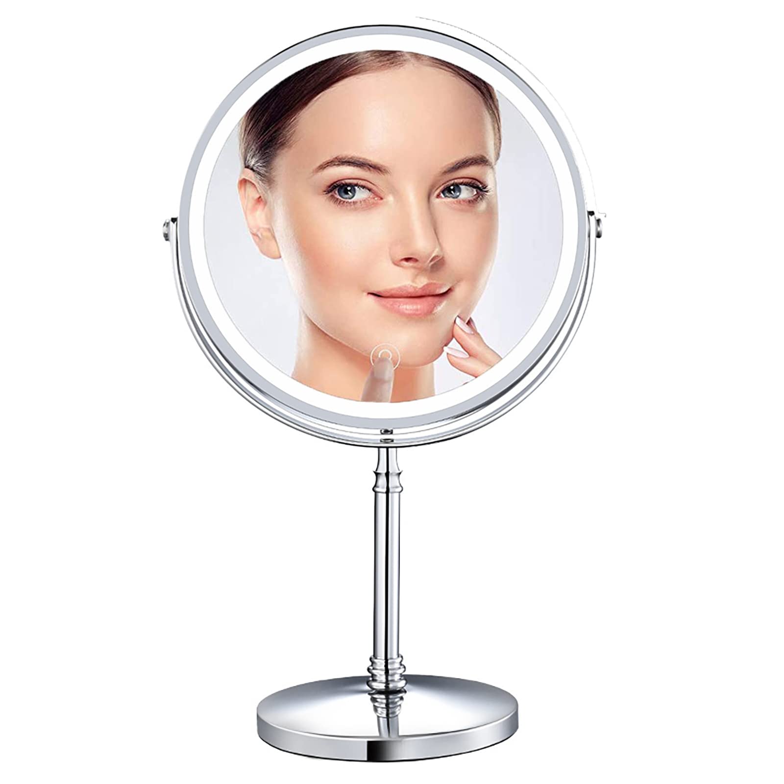 BYGER 10x Magnified Lighted Makeup Mirror - Double Sided Round Magnifying Mirror with 360 Degree Swivel Stand, 8 Inch Diameter for Shaving, Makeup & Skincare - Perfect for Bathroom Vanity, Dressing Room & Travel