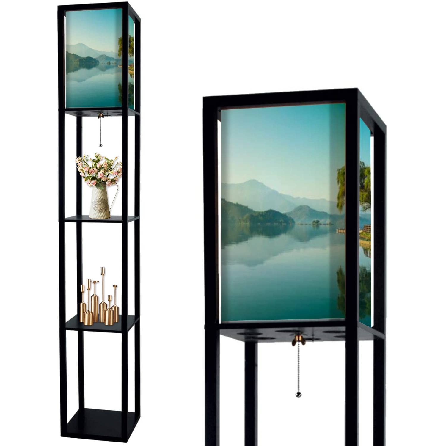 Modern LED Floor Lamp with Linen Shade & Shelves - Tall Standing Corner Lamp for Living Room & Bedroom Decor | Sunlight Reflection Design, Clear Water Lake Inspired | Perfect for Reading Nook, Cozy Nights & Home Office Lighting