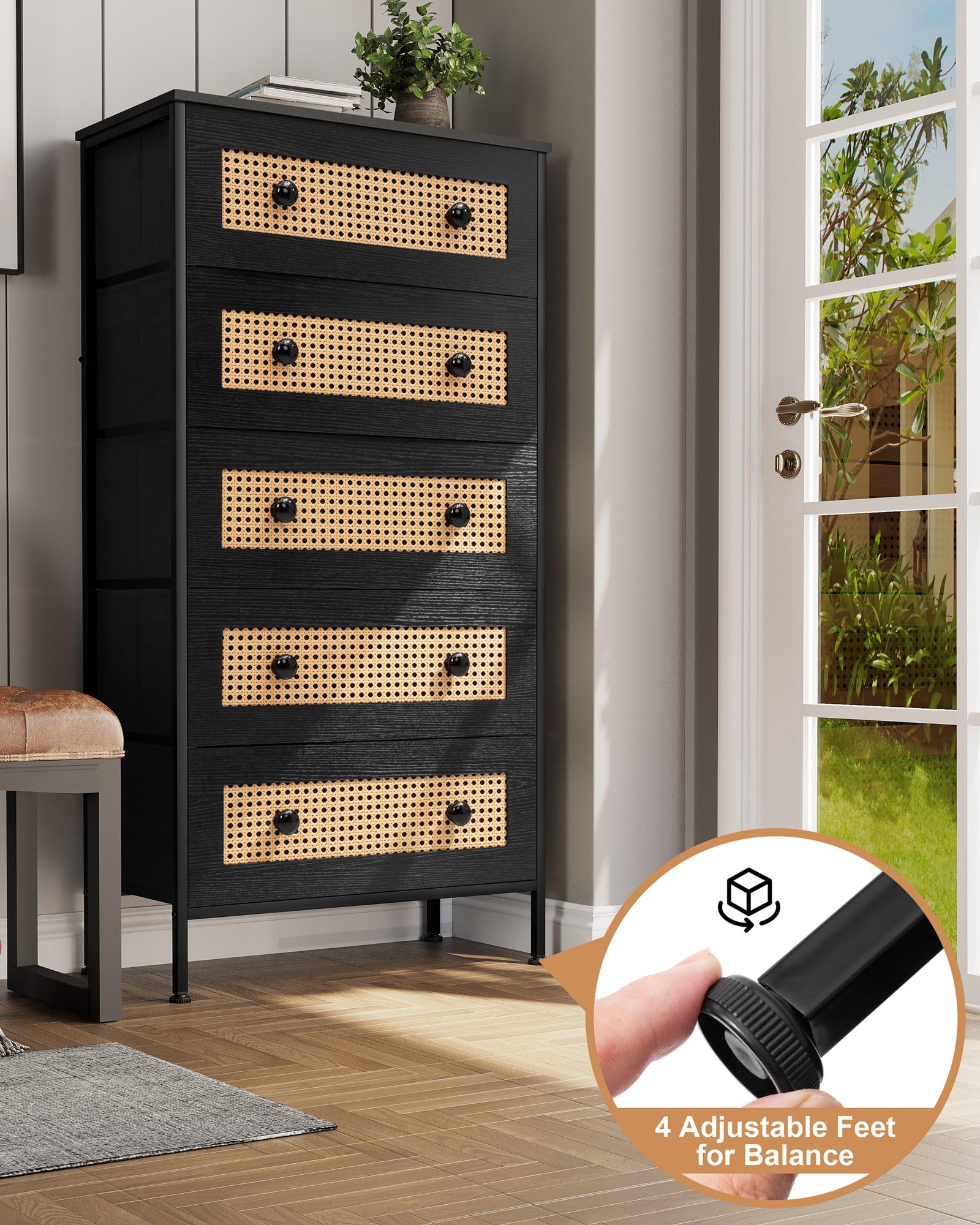 Crestlive 5-Drawer Rattan Dresser Storage Tower with Wood Top - Tall Fabric Chest of Drawers for Bedroom, Hallway & Closet Organization (Black) | Perfect for Small Space Storage & Entryway Décor