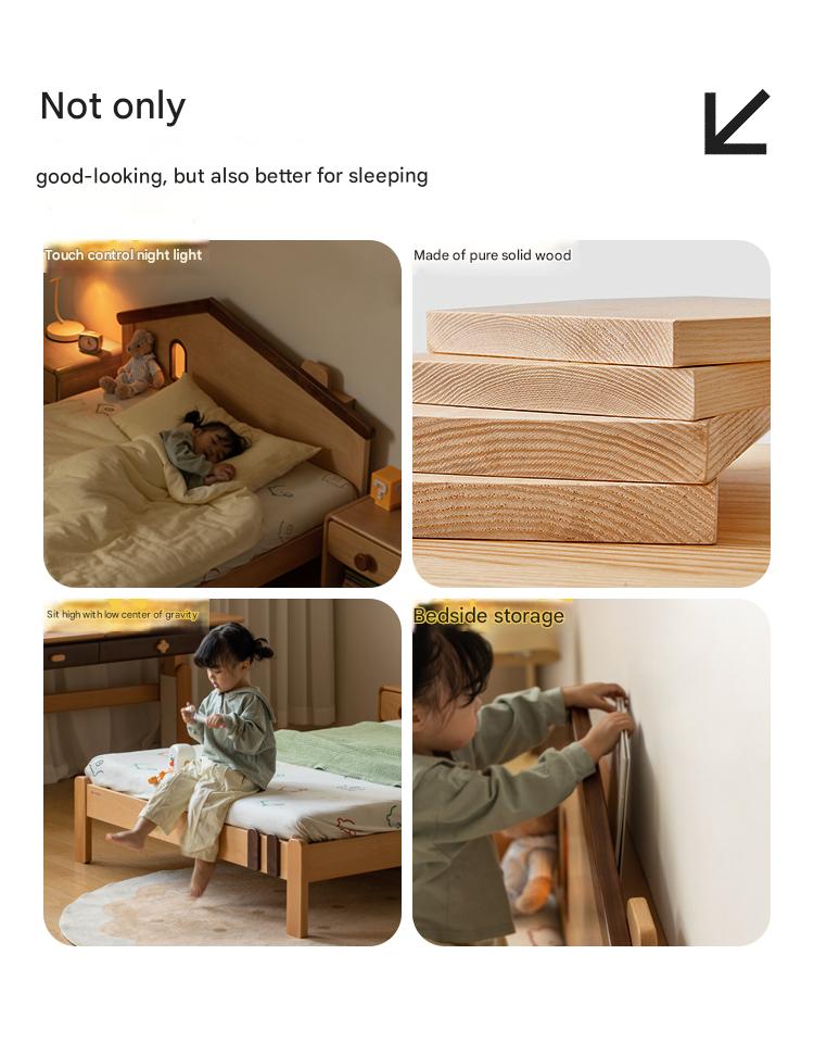 Kids Wooden Bed with Night Light - Beech & Poplar Little House Design with 15-Minute Auto Light Off - Perfect for Bedrooms, Playrooms & Cozy Sleep Spaces