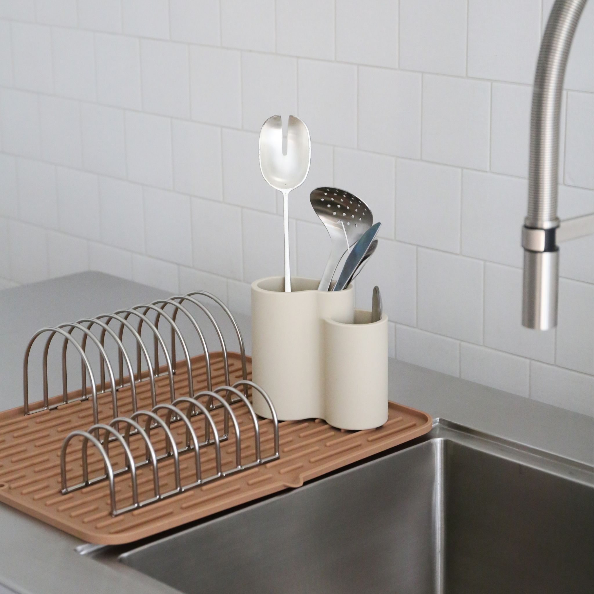Premium Brushed Steel Dish Drainer Set of 2 - Space Saving Kitchen Organizer for Countertop Drying Rack | Ideal for Small Kitchens, Apartments & RVs