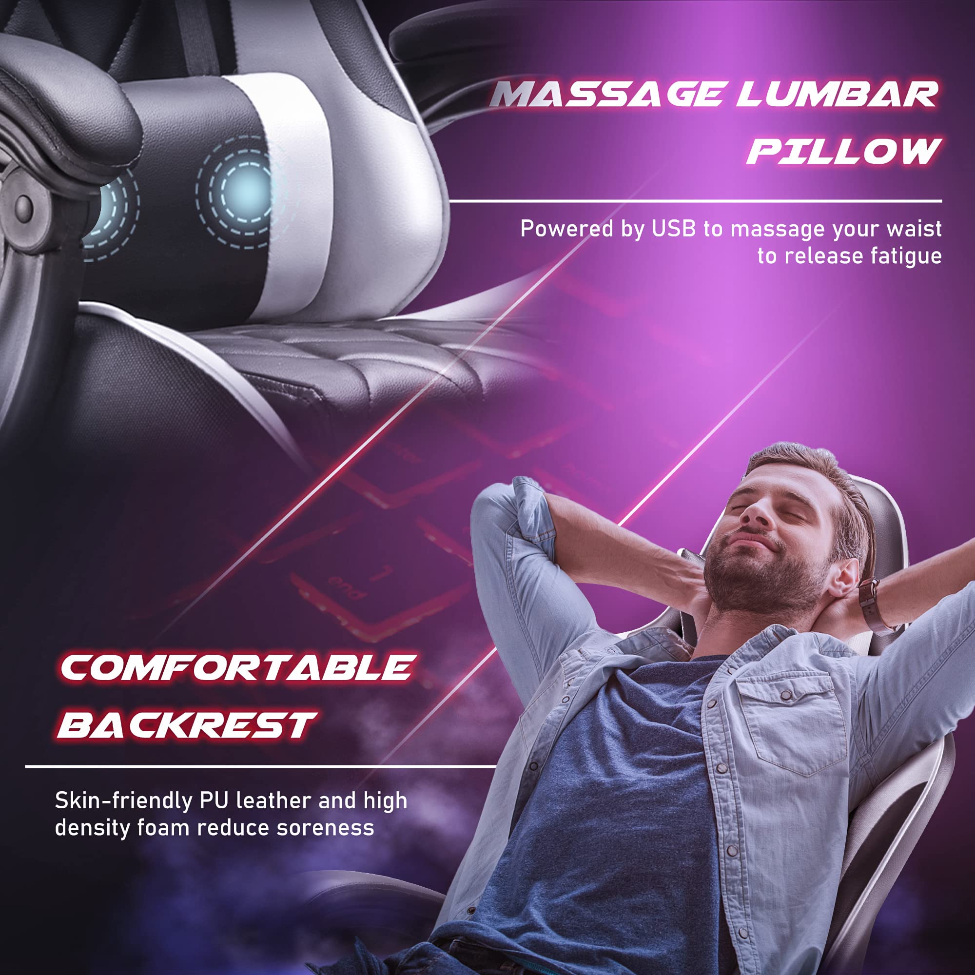 Homall Ergonomic Gaming Chair with Footrest & Lumbar Support - High Back Computer Chair with Swivel Seat & Headrest for PC Gamers - Perfect for Office, Streaming & Esports (White)