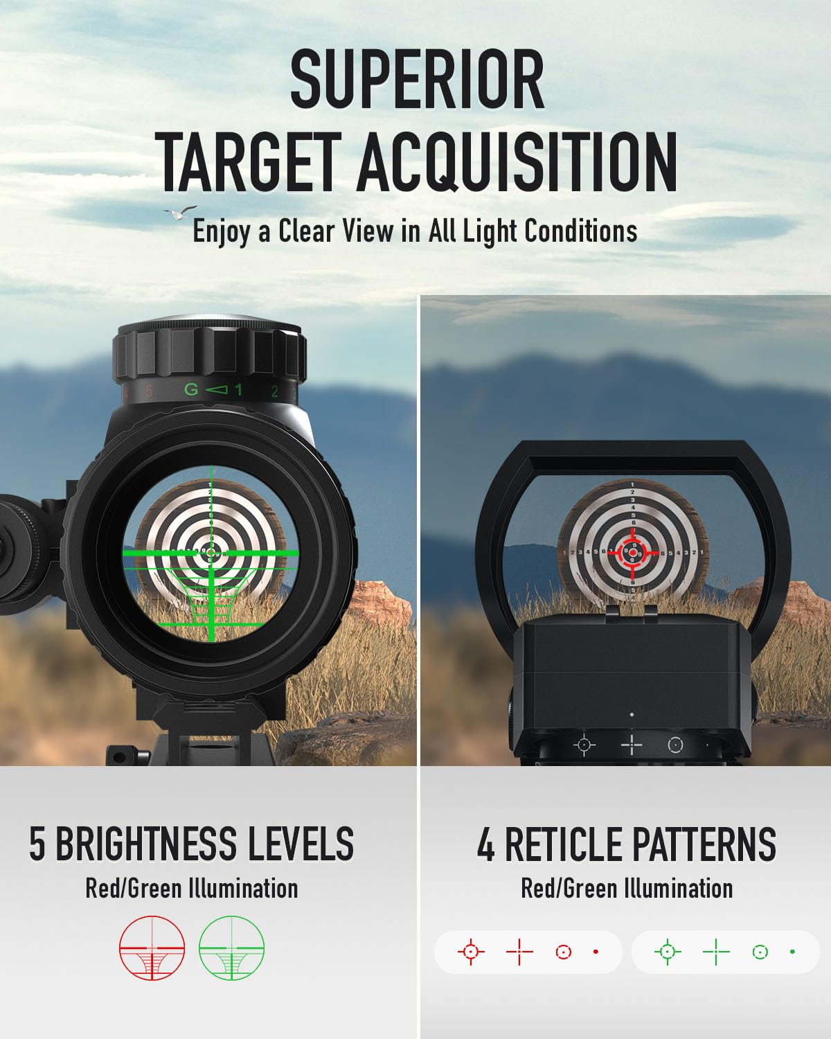 PINTY 4-in-1 Tactical Rifle Scope Combo with 3-9x32 Illuminated Hunting Scope, Red/Green Dot Sight & Laser - Picatinny Riser Mount for Hunting, Target Shooting & Home Defense