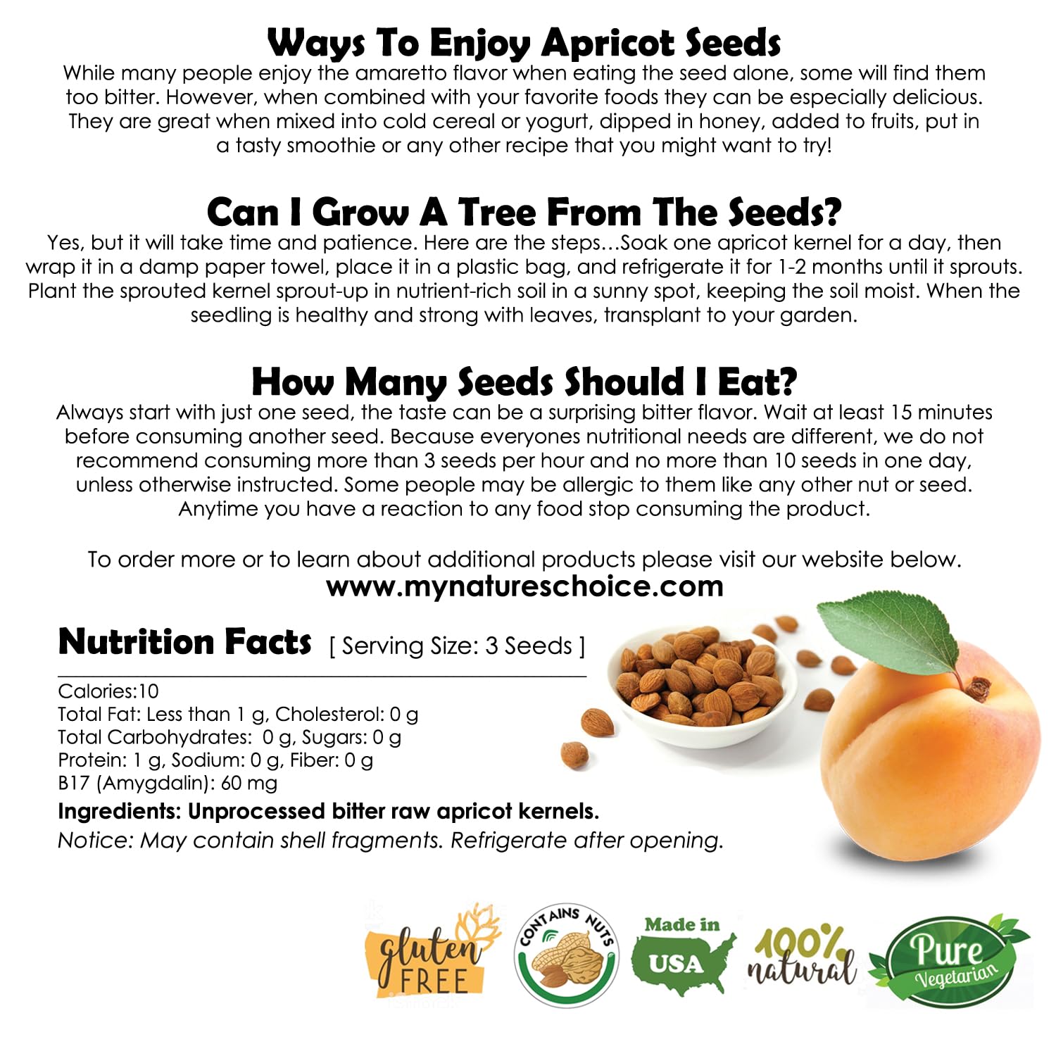 Organic California Grown Bitter Apricot Seeds - Raw, All Natural, Non-GMO - 1 LB Pack for Baking, Snacking & Healthy Recipes