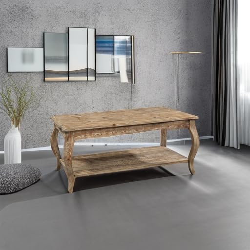 Rustic Wood Coffee Table with Open Shelf, Curved Legs & Scalloped Edges - Driftwood Finish Farmhouse Style Living Room Furniture by Alaterre | Perfect for Small Spaces, Apartments & Cozy Home Decor