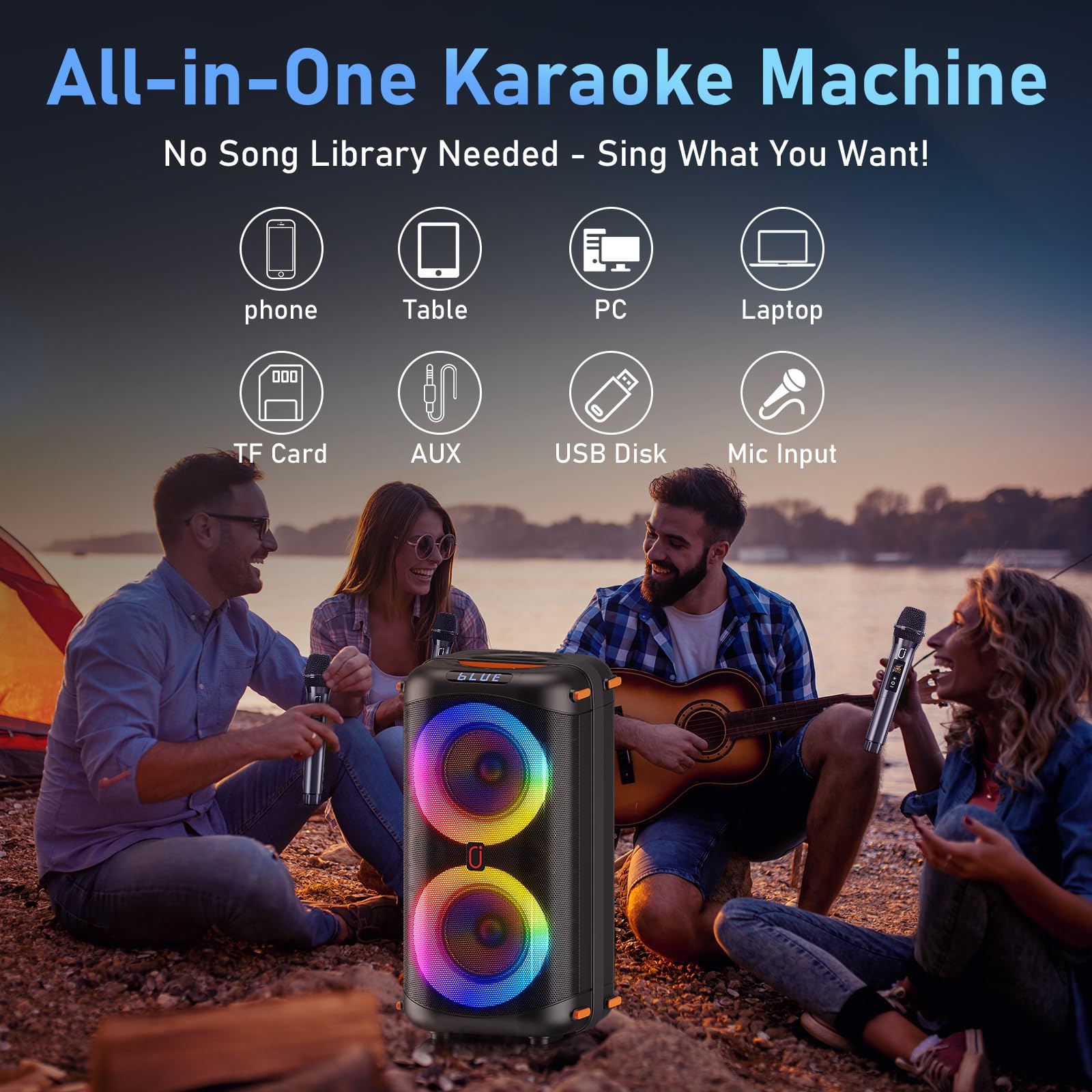 Portable Bluetooth Karaoke Machine with 2 Wireless Microphones | Professional PA System with Disco Lights & Dual 6.5