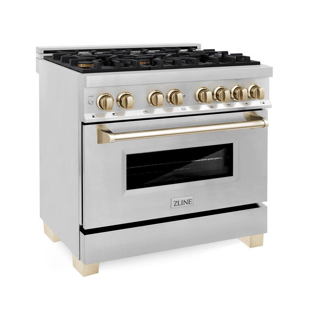 ZLINE Autograph Edition 36-inch Dual Fuel Range with 6 Burner Gas Cooktop & Convection Oven - 4.6 cu.ft Stainless Steel with Gold Accents (RAZ 36 G) - Perfect for Professional Kitchens & Luxury Home Cooking