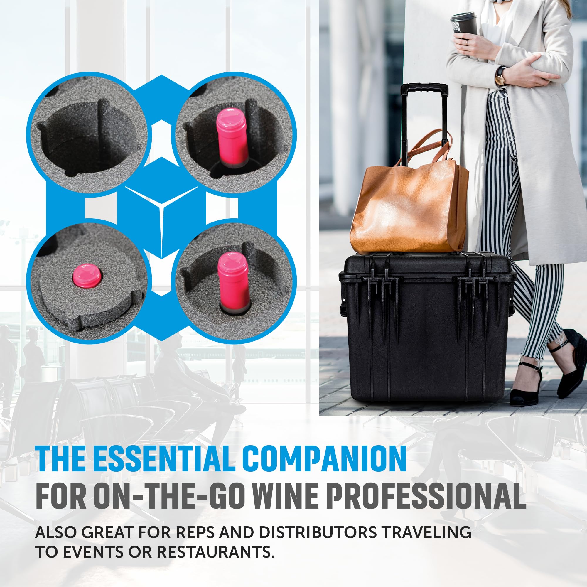 Premium Wine Travel Carrier Case - Heavy-Duty 8-Bottle Wine Luggage with Wheels | Airplane Approved Wine Bottle Suitcase | Durable Wine Transport for Travel, Gifts & Parties | Black CP-WINE-8B