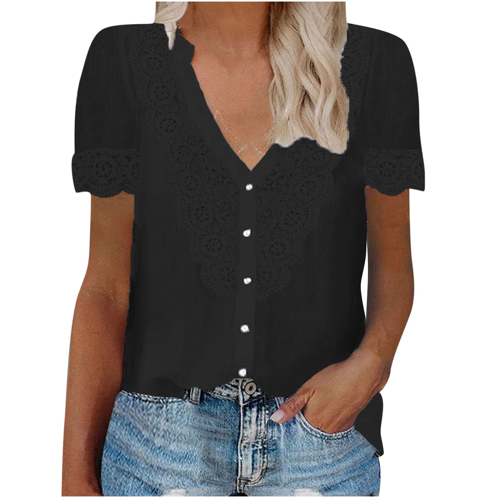 Women's Summer Tops - Elegant V-Neck Lace Patchwork Blouse | Casual Short Sleeve Shirt for Women | Perfect for Beach Outings, Date Nights & Office Wear