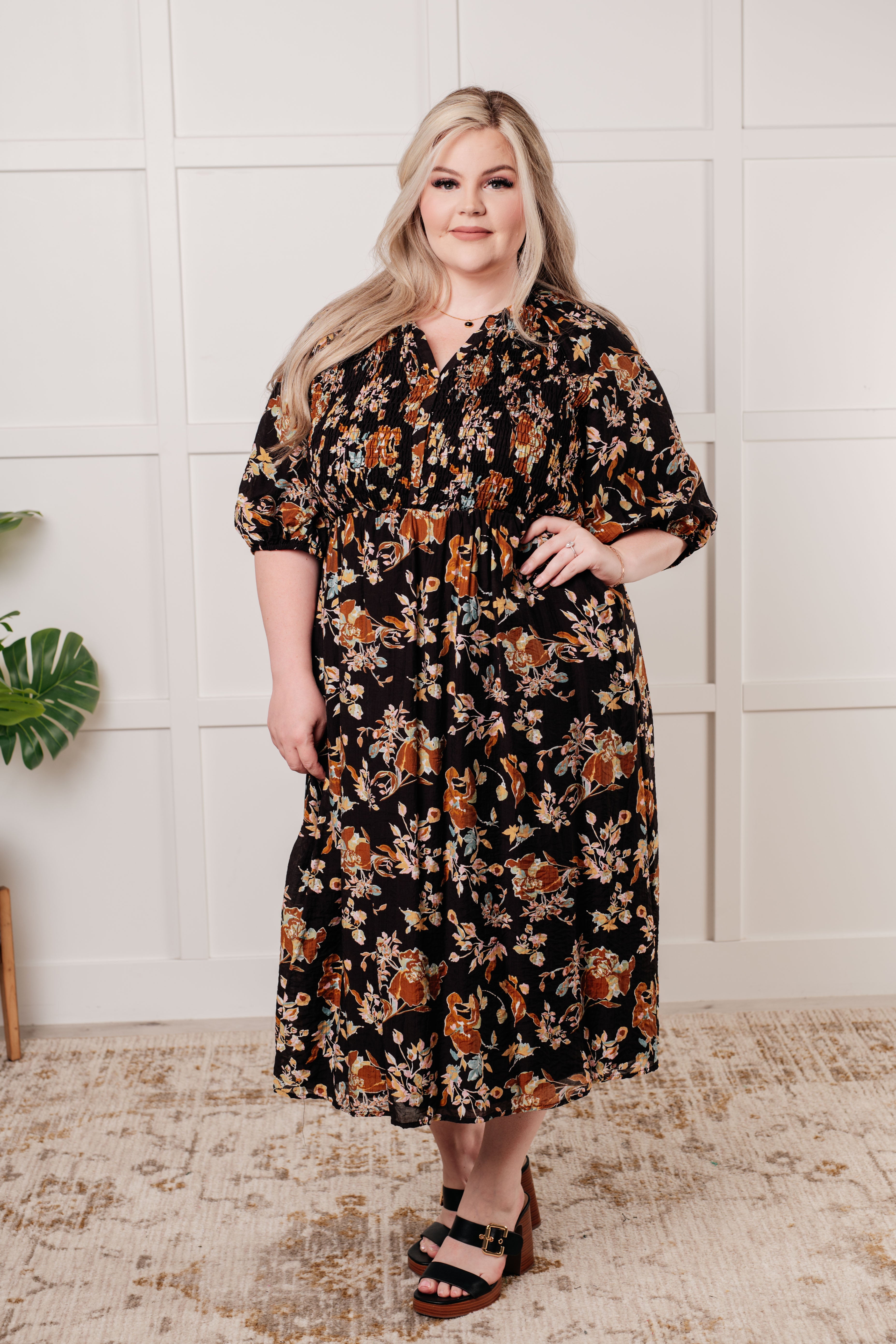 Look My Way Smocked Bodice Button Down Dress - Women's Elegant Floral Summer Dress for Casual Outings, Date Nights & Special Occasions