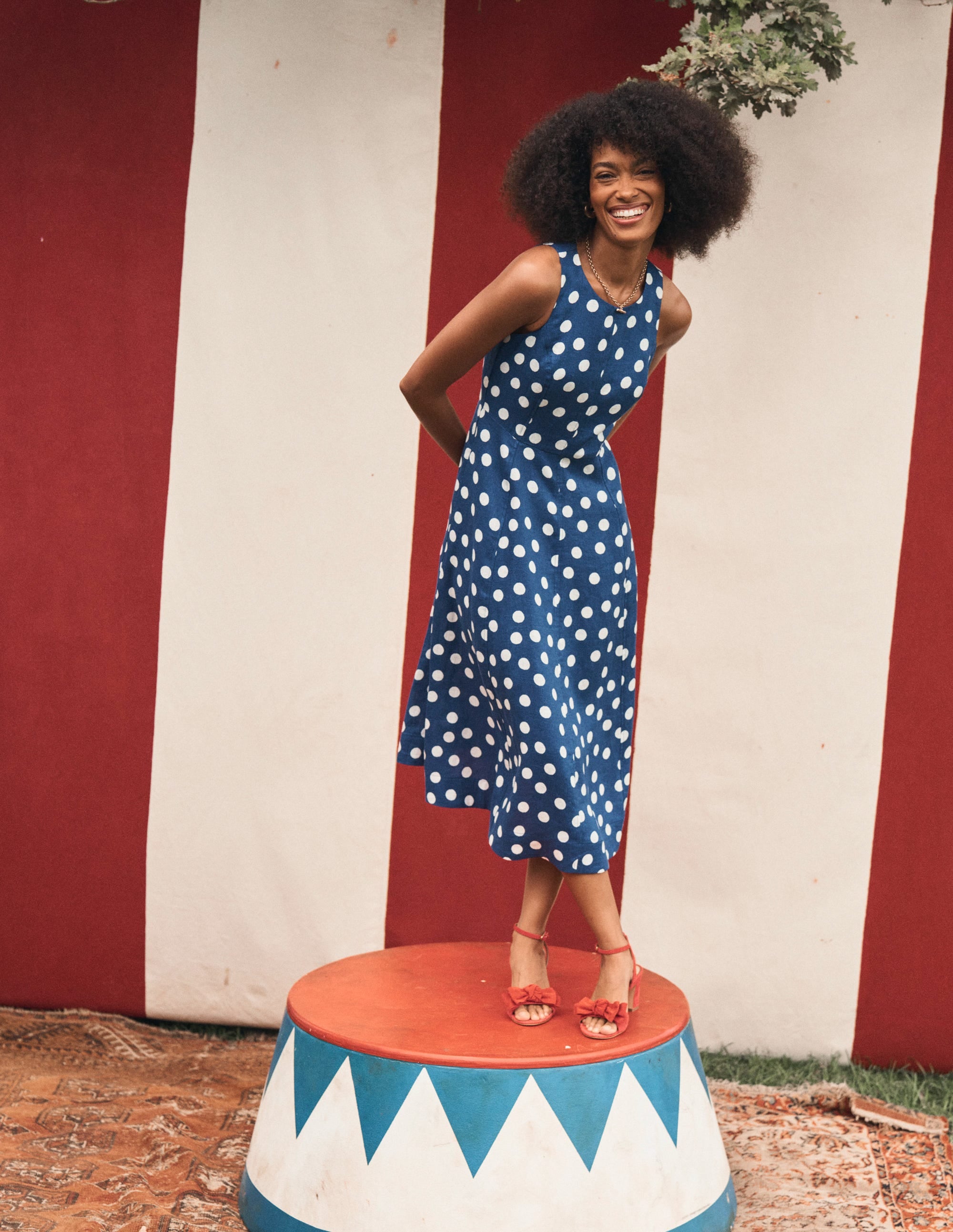 Carla Linen Midi Dress in Starboard Blue with Painted Dot Design | Summer Casual Outfit for Beach, Brunch & Date Night
