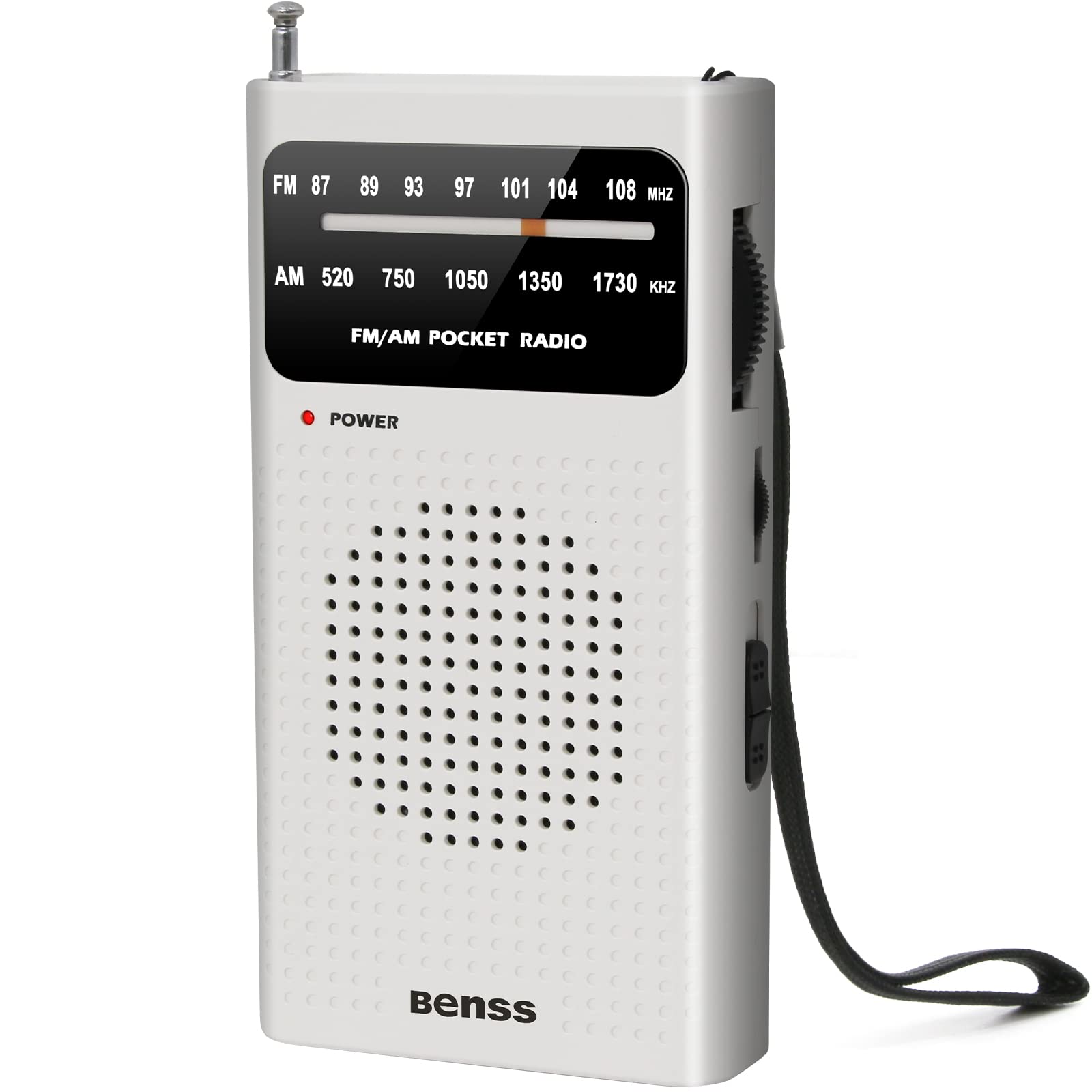 Benss Portable AM FM Radio - Best Reception, 2AA Battery Operated with Speaker & Headphone Jack | Pocket-Sized Transistor Radio for Home, Office, Camping, Hiking & Emergency Preparedness (White)