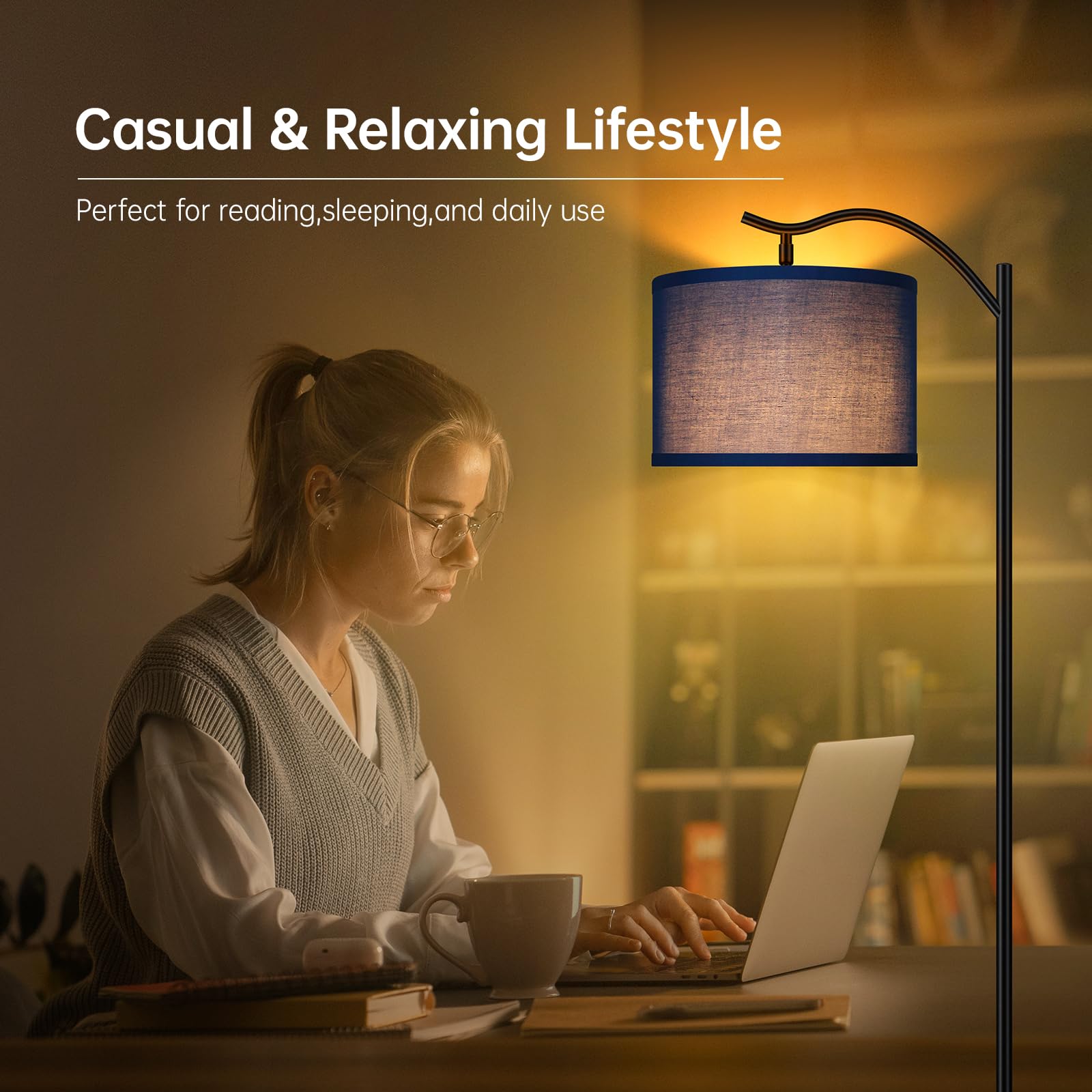 Modern LED Arched Floor Lamp with Blue Linen Shade - Tall Standing Light for Living Room, Bedroom, Office & Corner - E26 Socket & Footswitch - Mid Century Design for Home Decor & Reading Nook