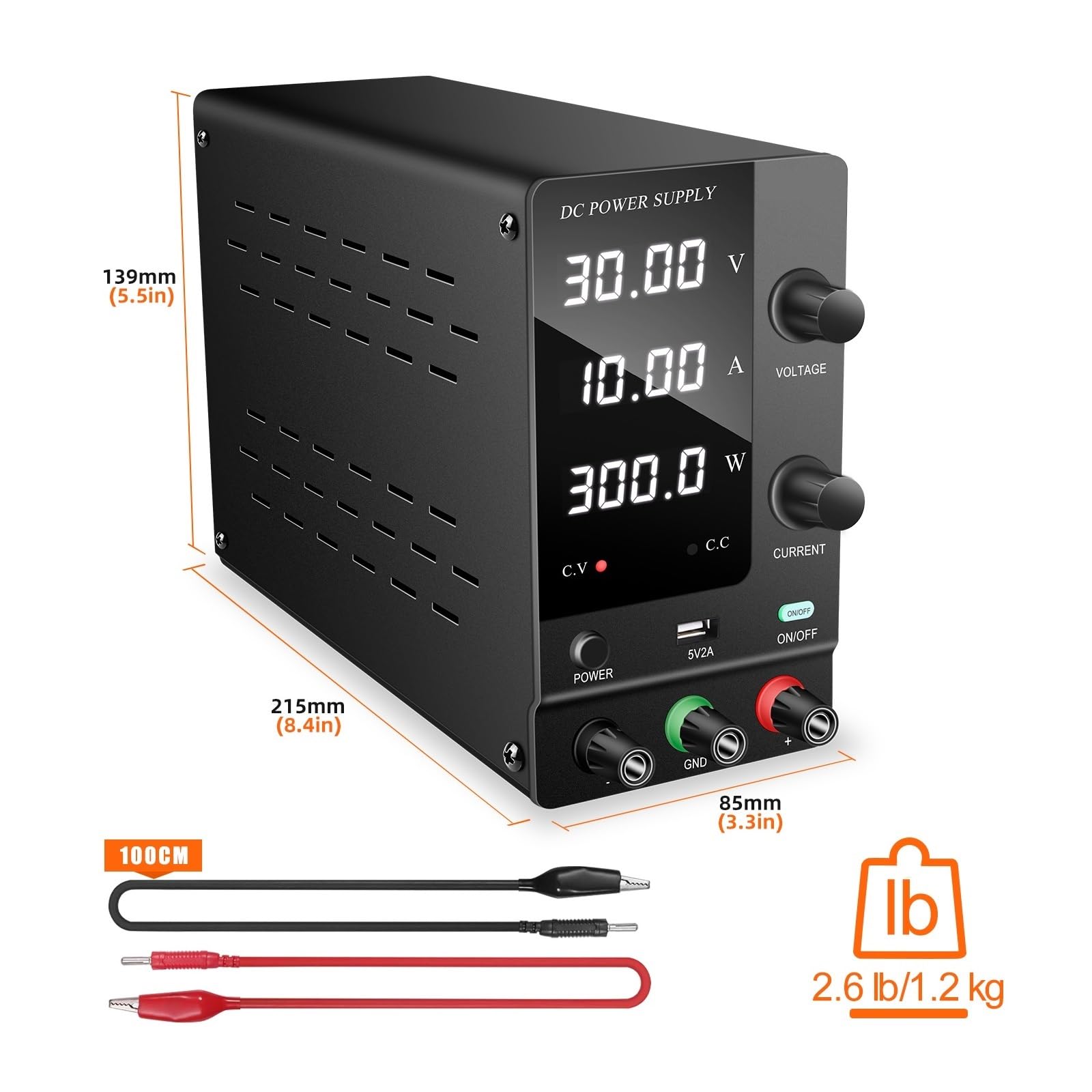 Adjustable DC Power Supply 30V 10A, 60V 5A, 120V 3A - Variable Voltage Lab Bench Power Supply with USB Port & Stabilized Output - Perfect for Electronics Repair, DIY Projects & Circuit Testing (110V Input, Model: C-SPPS-C3010)