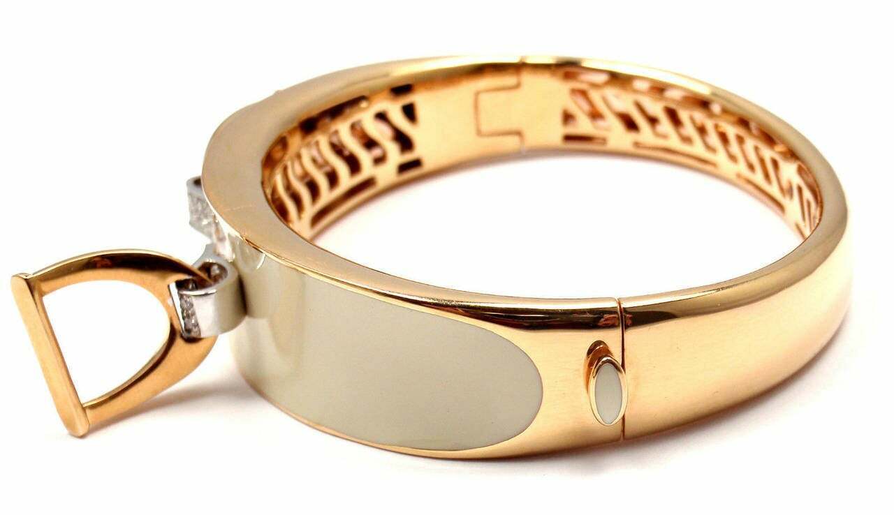Authentic Roberto Coin Cheval Stirrup 18k Gold Diamond Enamel Bangle Bracelet for Women - Luxury Italian Jewelry Gift for Anniversary, Birthday & Special Occasions