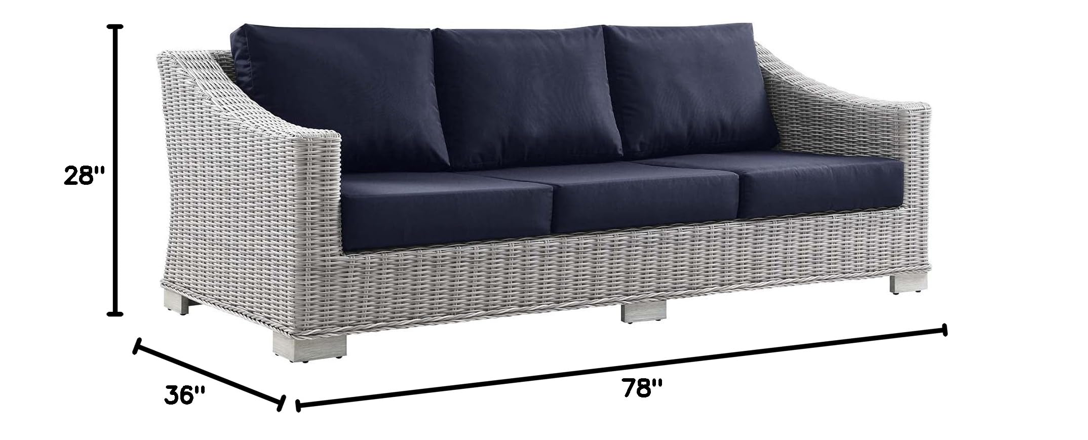 Modway Conway Outdoor Patio Sofa Set - Light Gray & Navy Wicker Rattan Furniture for Garden, Poolside & Backyard Relaxation
