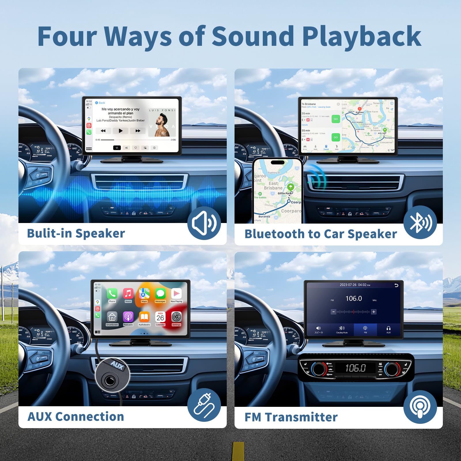 9 Inch HD Portable Wireless CarPlay Screen for Car & Android Auto - 4K Dash Cam, 1080P Backup Camera, Mirror Link, Navigation, Voice Control, Bluetooth - Perfect for Road Trips & Daily Commuting