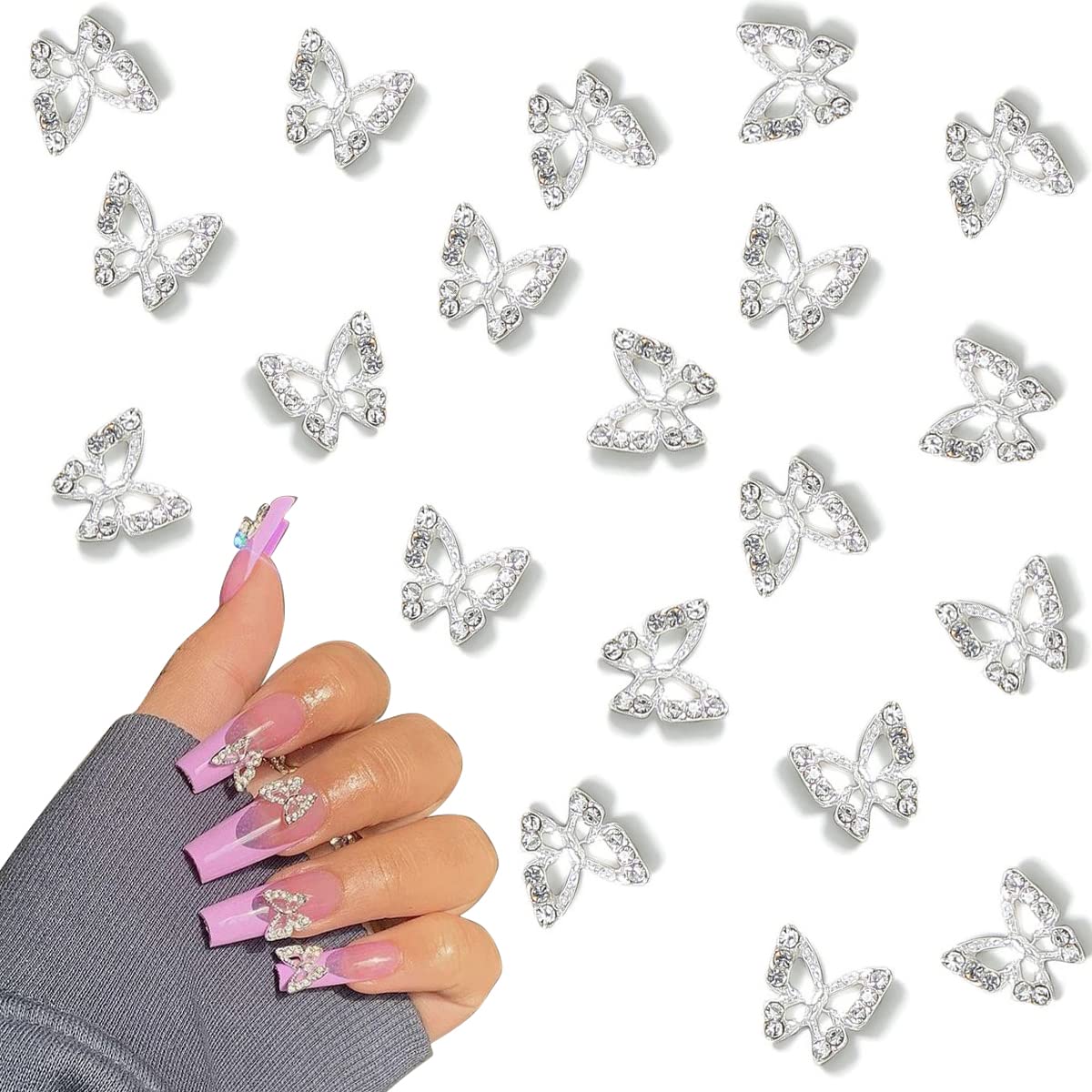 3D Silver Butterfly Nail Charms - Metallic Butterfly Nail Gems & Rhinestones for Acrylic Nails, Shiny Crystal Nail Art Decorations (20pcs) - Perfect for Women's Nail Designs, DIY Manicures, and Party Nail Art