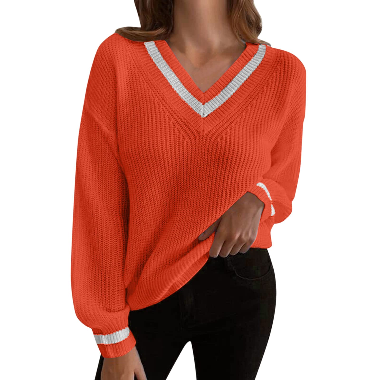 Women's V-Neck Color Block Knit Cardigan Sweater - Long Sleeve Casual Pullover Top for Office, Date Night & Fall Layering