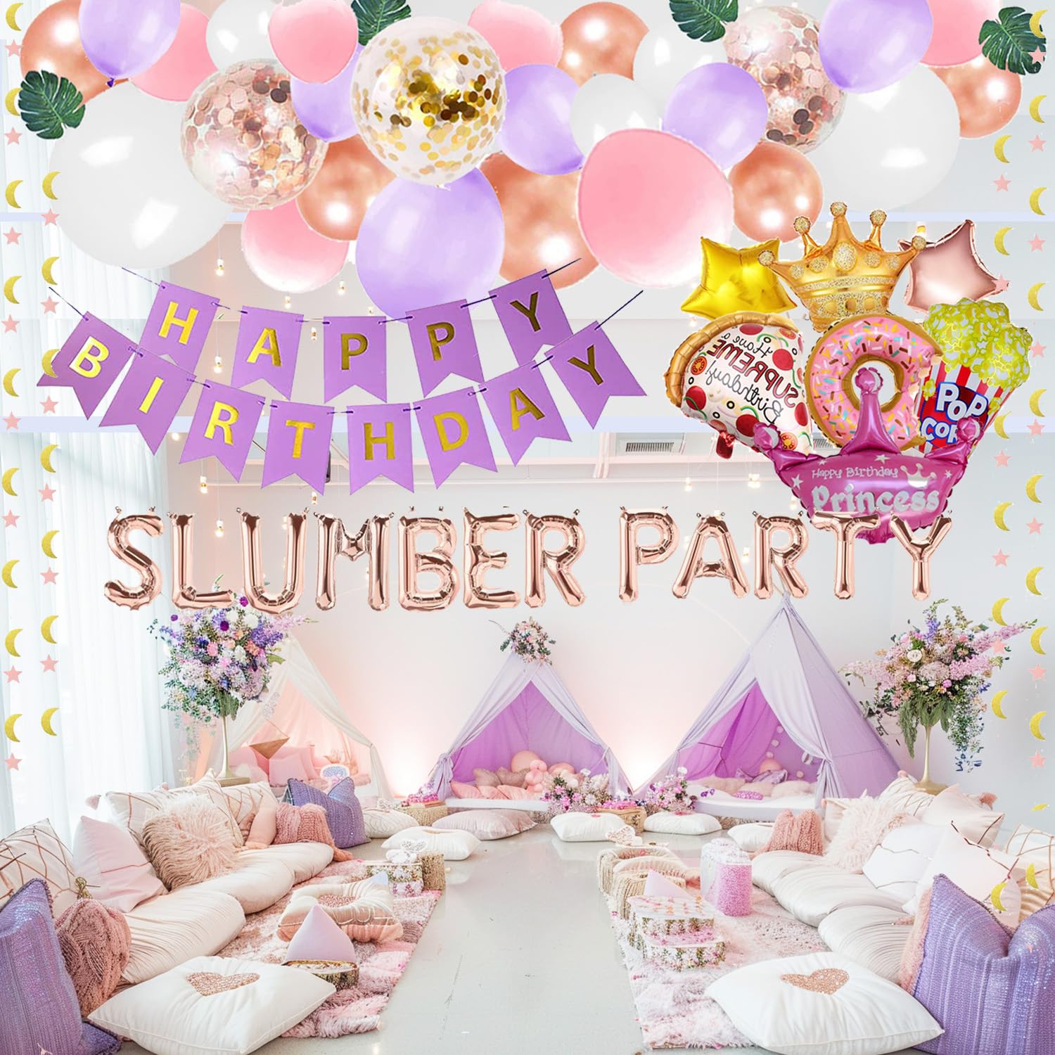 Slumber Party Spa Birthday Decorations Kit - Sleepover Pajama Party Supplies, Birthday Favors, Banner & Balloons Backdrop Set for Girls' Sleepover, Spa Night & Birthday Celebrations